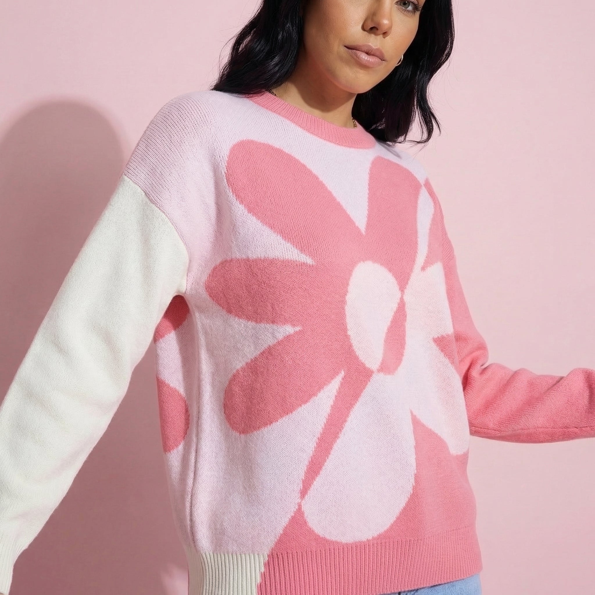 Anna-Kaci Women's Bold Graphic Floral Pattern Knit Sweater with Soft Crew Neckline and Relaxed Long Sleeve Pullover Fit