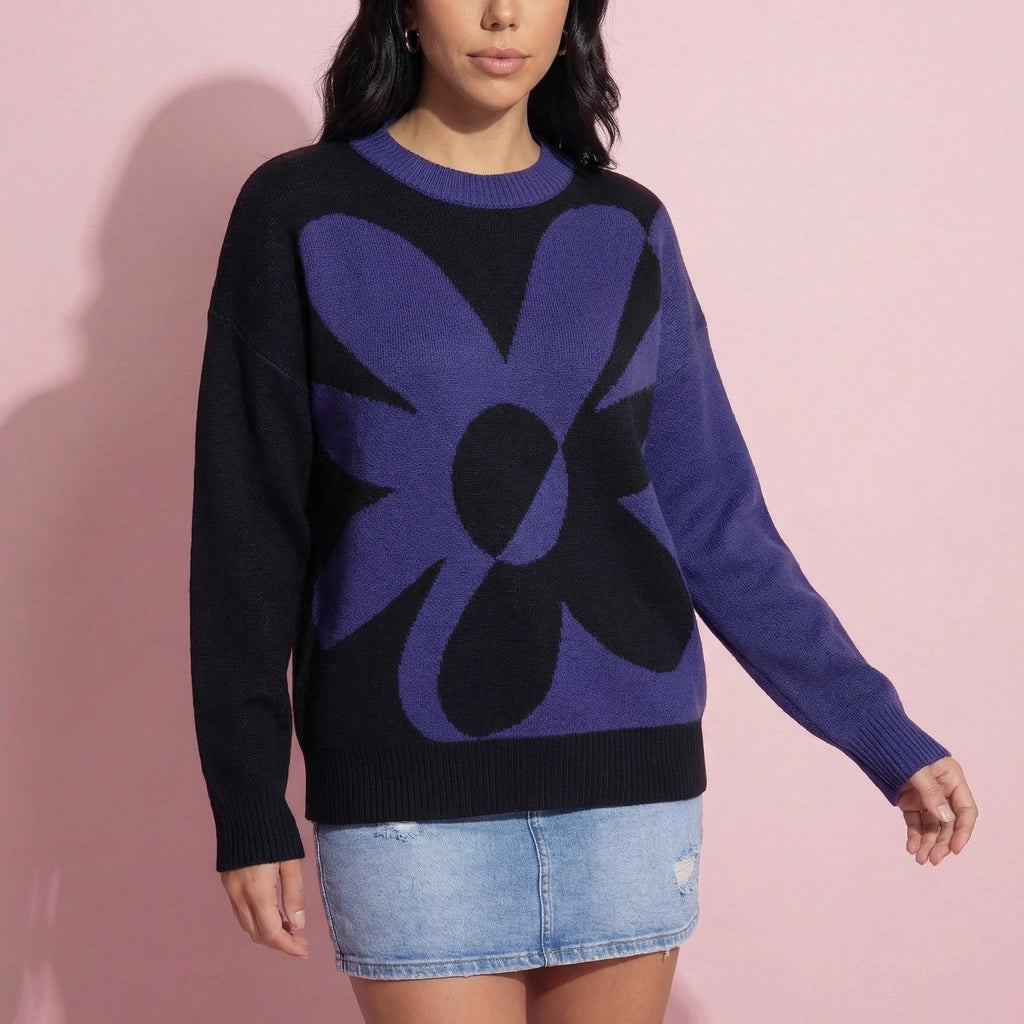 Anna-Kaci Women's Bold Graphic Floral Pattern Knit Sweater with Soft Crew Neckline and Relaxed Long Sleeve Pullover Fit