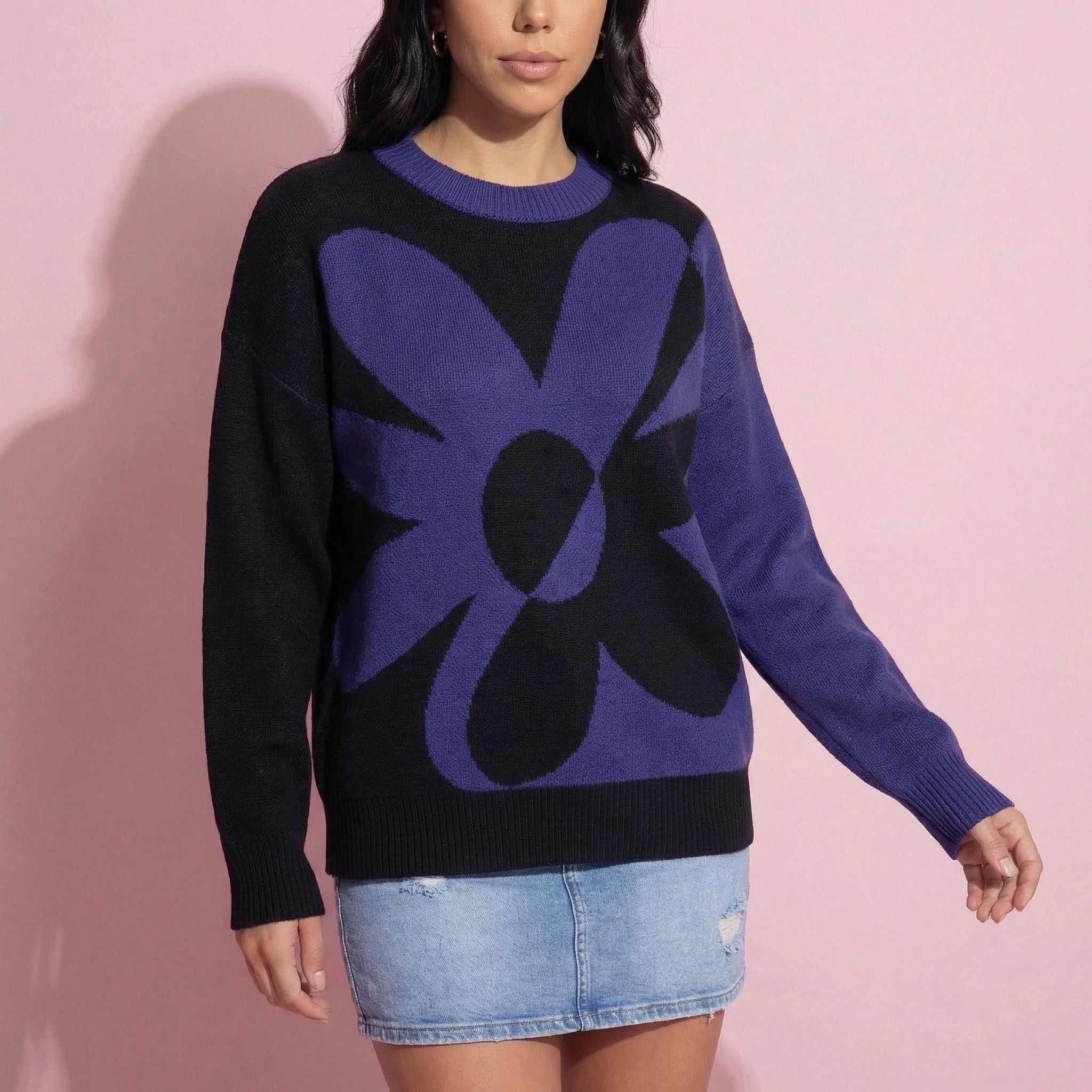 Anna-Kaci Women's Bold Graphic Floral Pattern Knit Sweater with Soft Crew Neckline and Relaxed Long Sleeve Pullover Fit