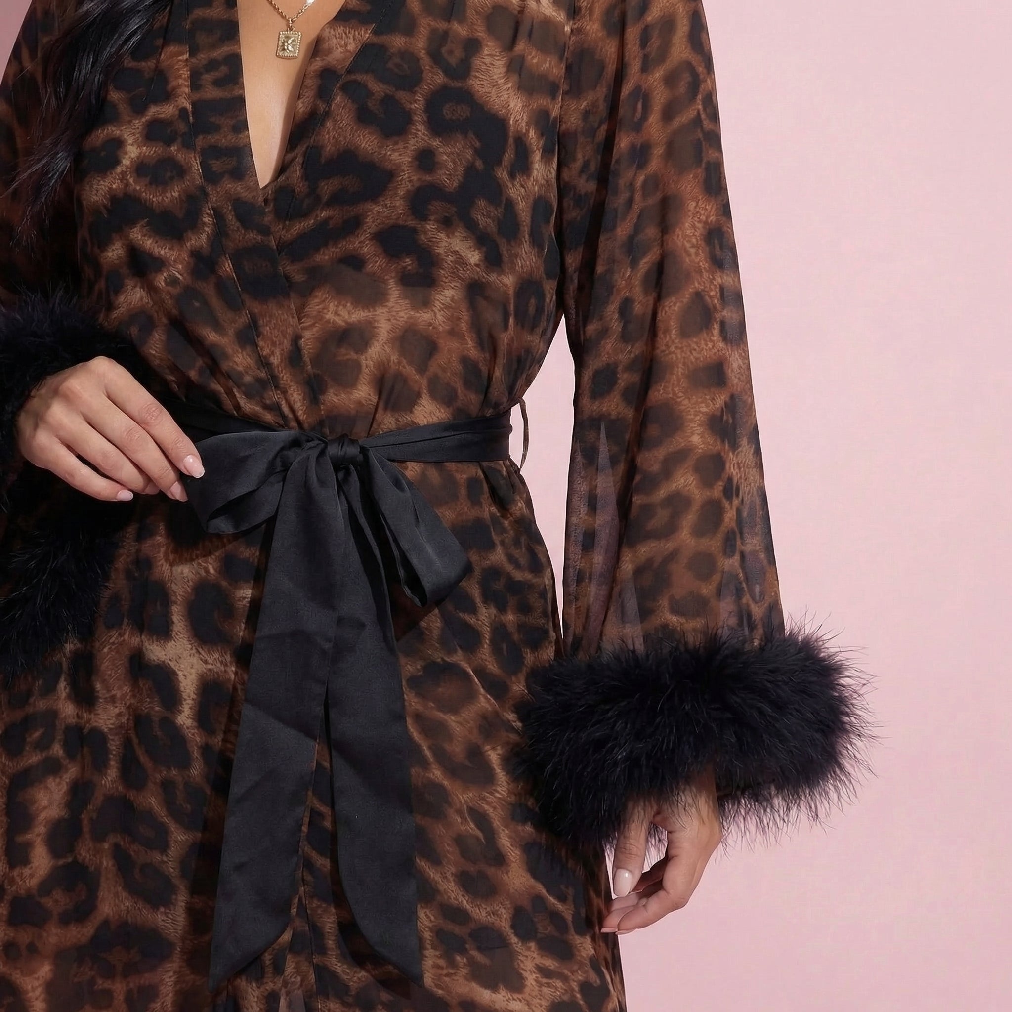 Anna-Kaci Lounge Women's Leopard Print Mesh Robe Dress with Feather Sleeves and Satin Tie Waist in Longline Silhouette