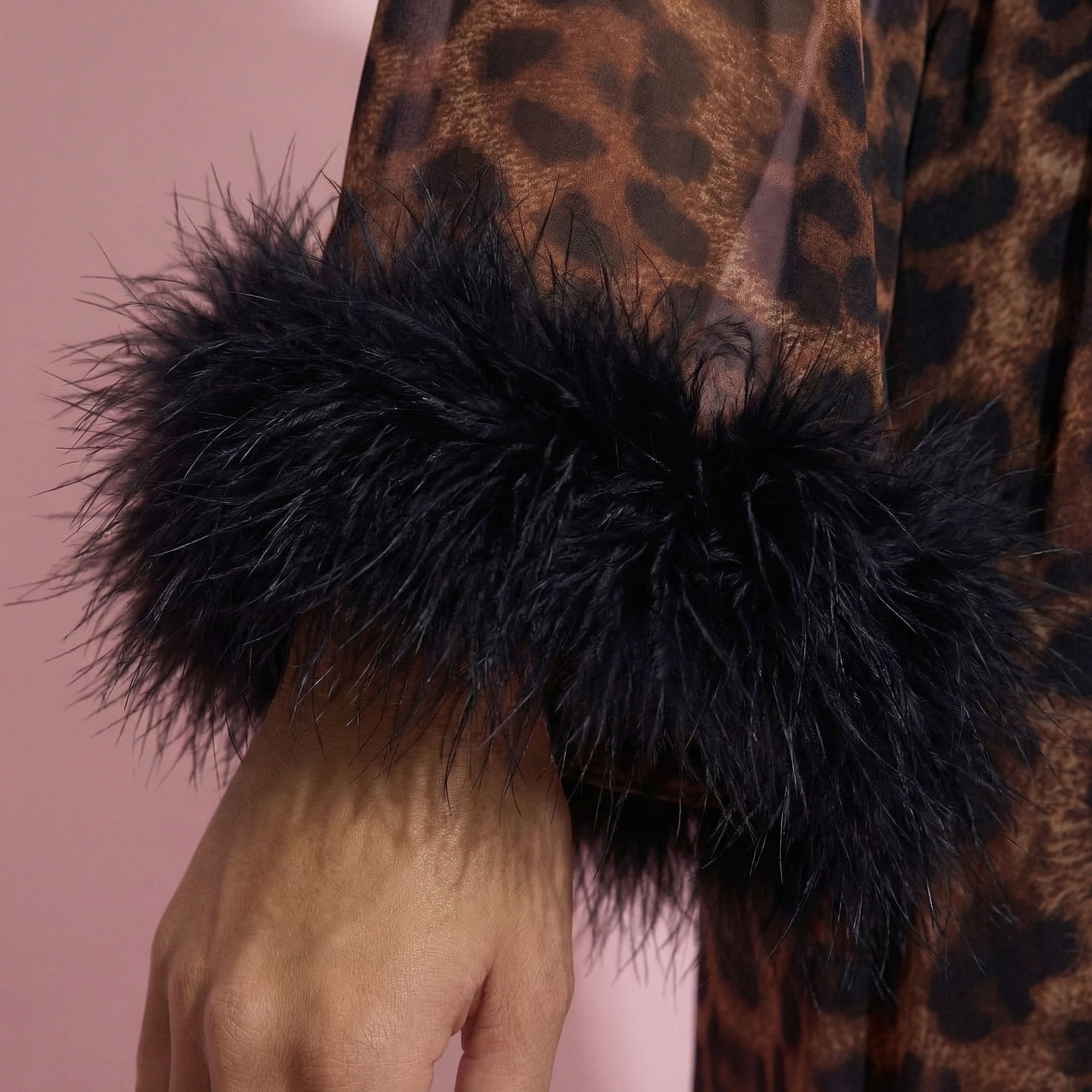 Anna-Kaci Lounge Women's Leopard Print Mesh Robe Dress with Feather Sleeves and Satin Tie Waist in Longline Silhouette