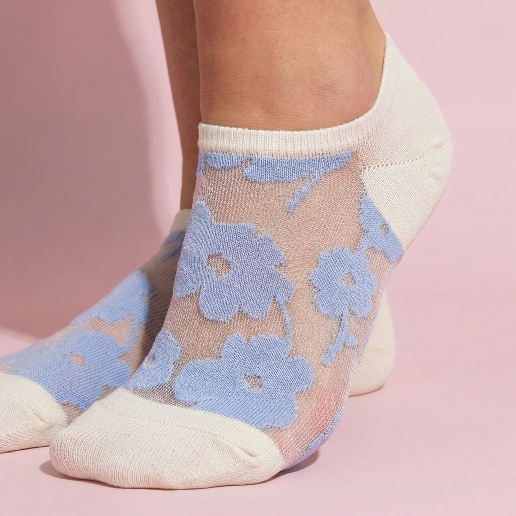 Pink women's ankle socks set with floral and knit