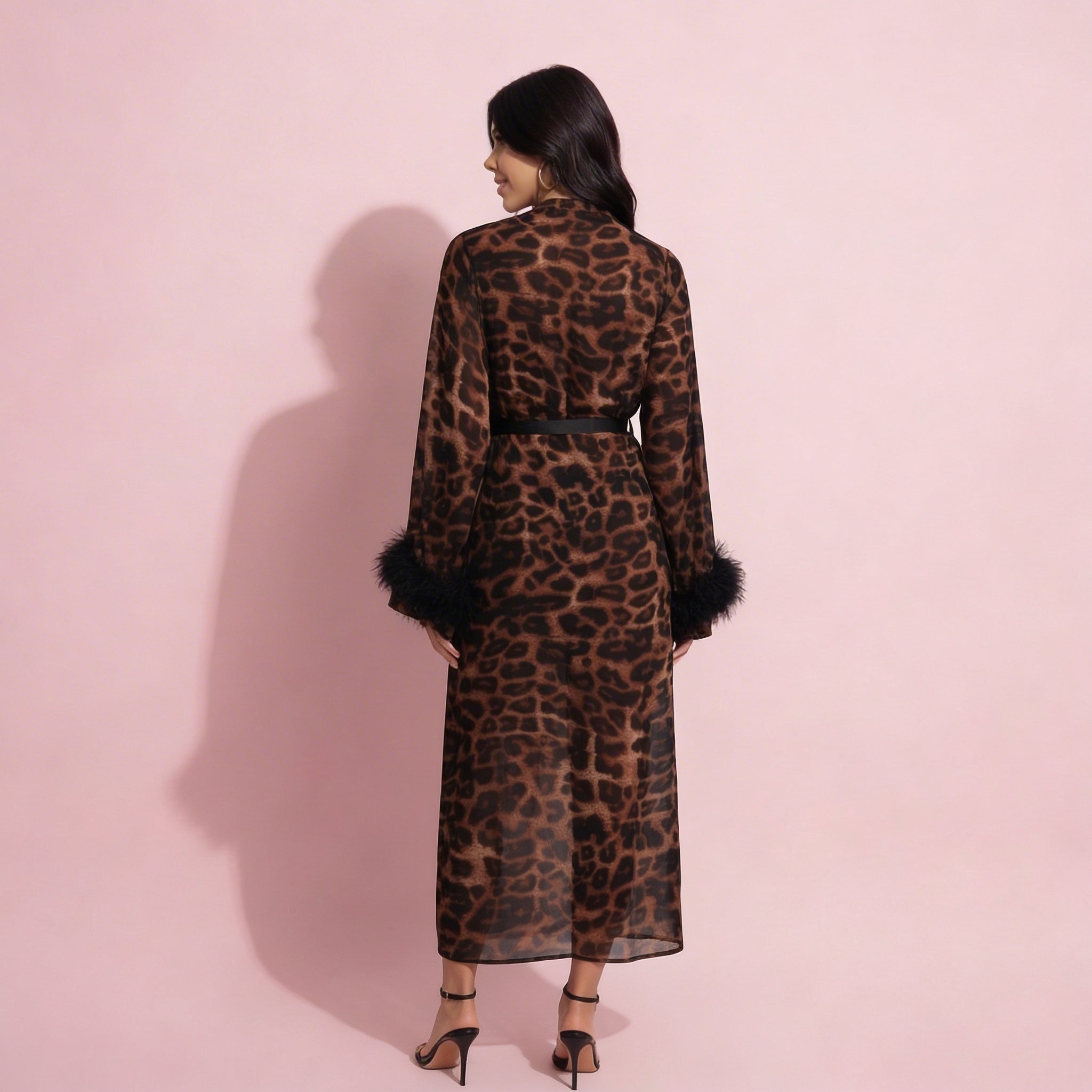 Anna-Kaci Lounge Women's Leopard Print Mesh Robe Dress with Feather Sleeves and Satin Tie Waist in Longline Silhouette