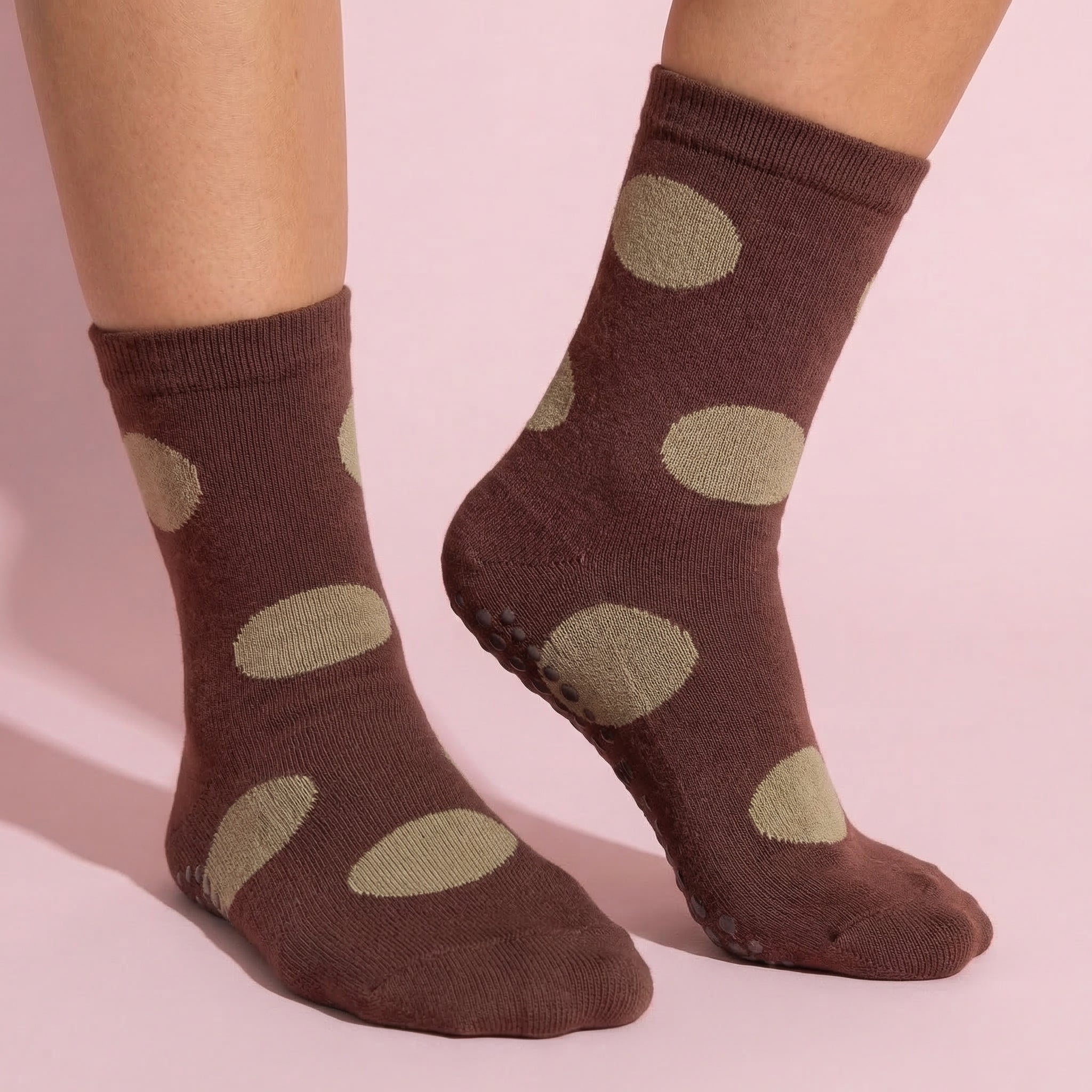 Anna-Kaci 2 Pairs Womens Polka Dot Cotton Crew Socks with Non Slip Grip Sole