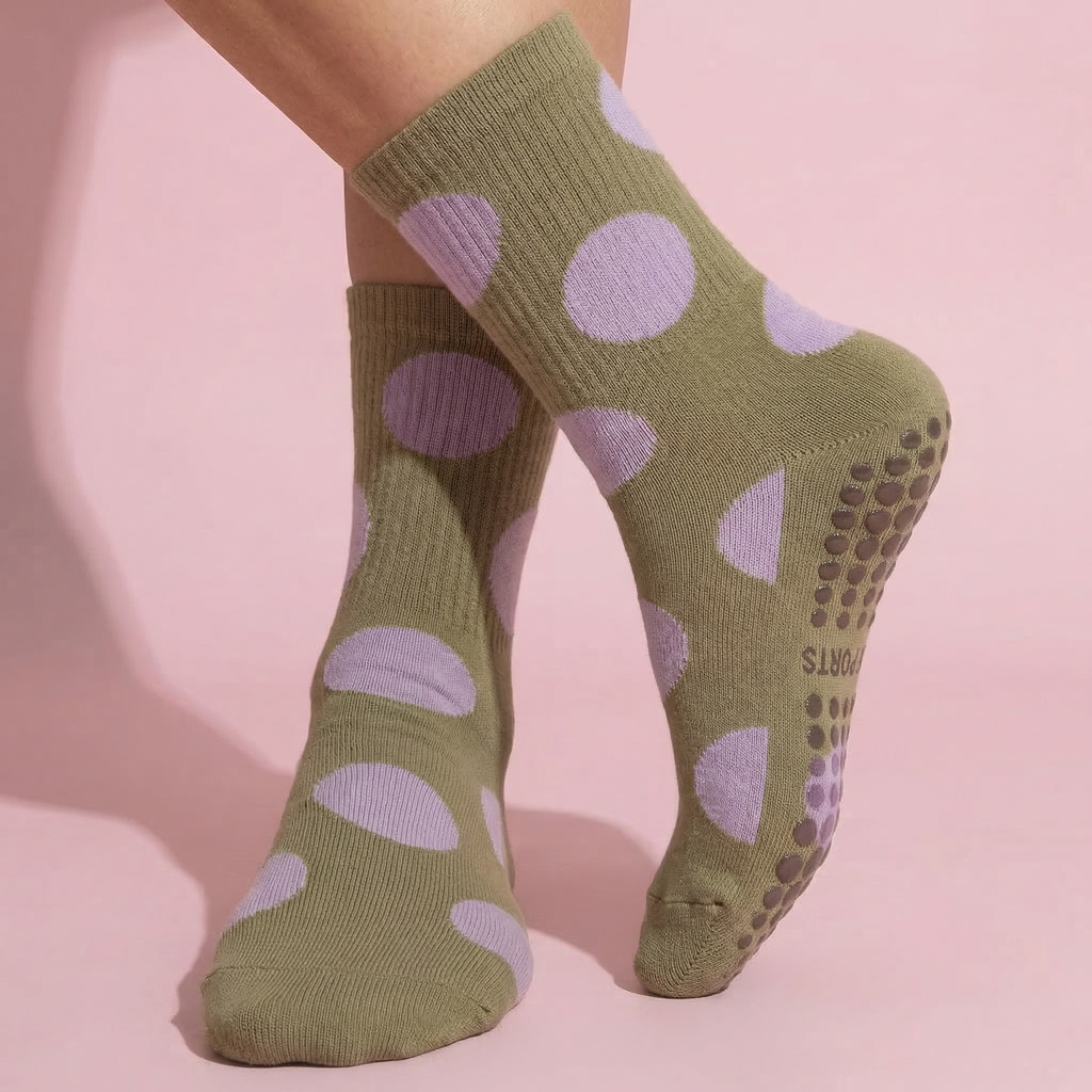 Gray women's crew socks with polka dot and cotton