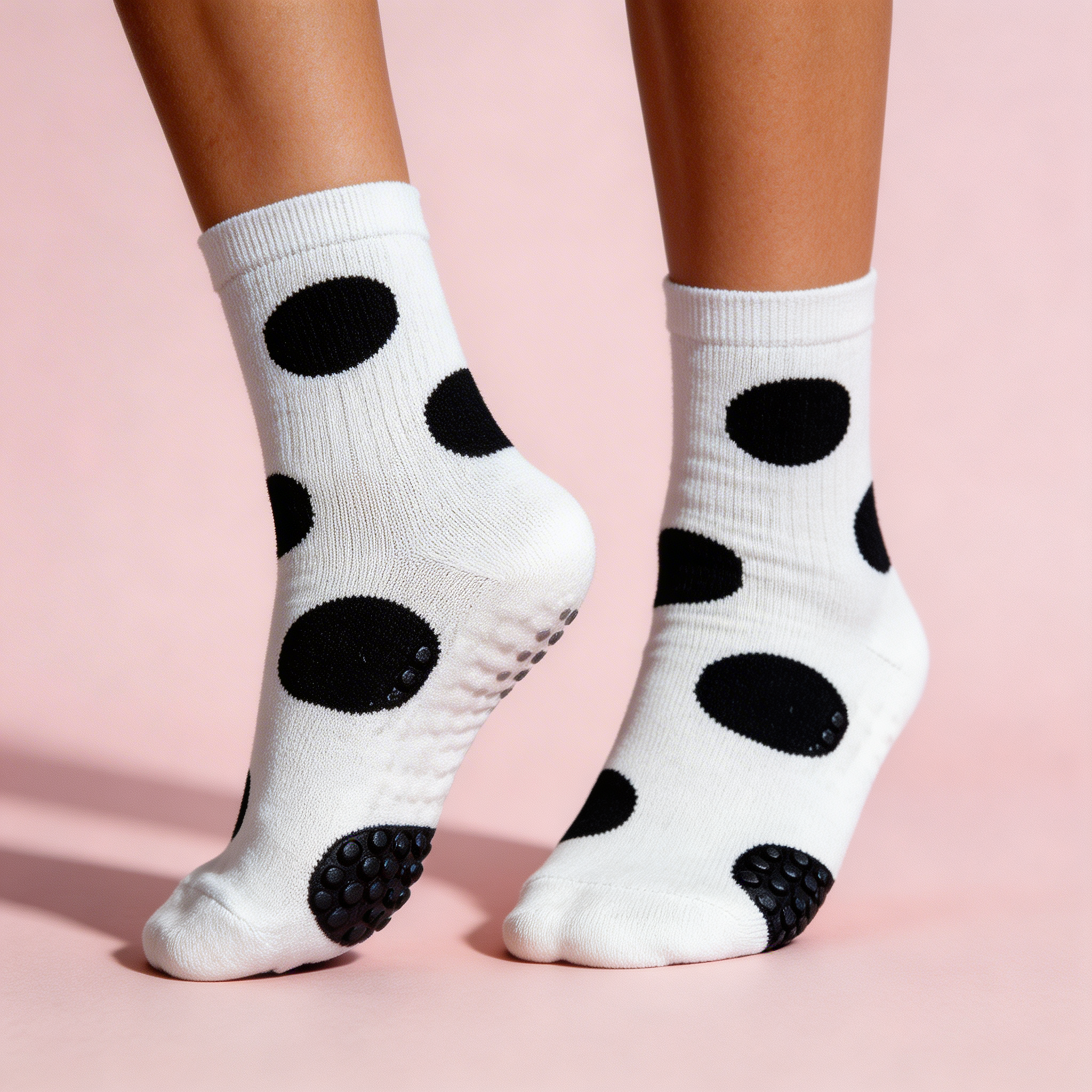 Anna-Kaci 2 Pairs Womens Polka Dot Cotton Crew Socks with Non Slip Grip Sole