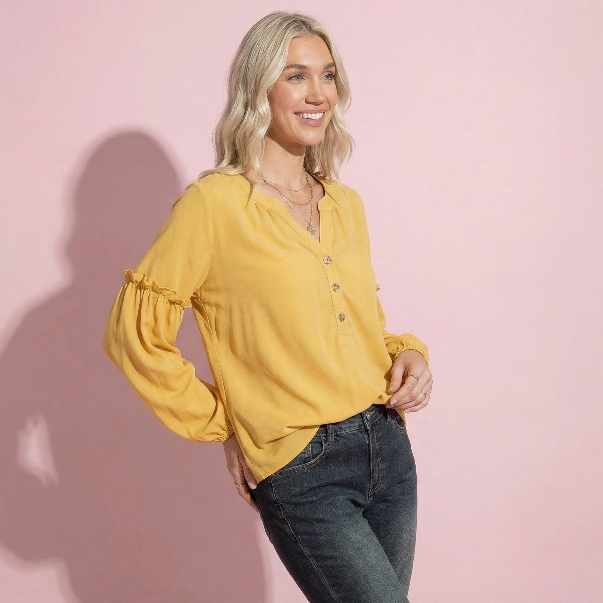 Half Button Front Bishop Sleeve Blouse