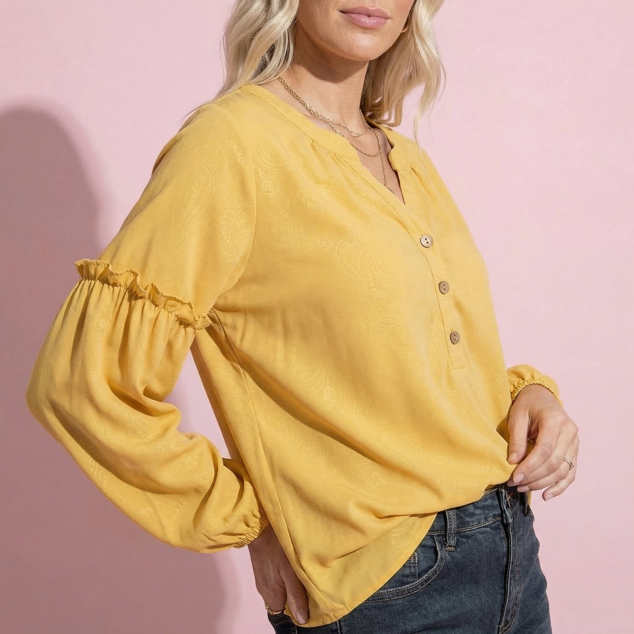 Half Button Front Bishop Sleeve Blouse