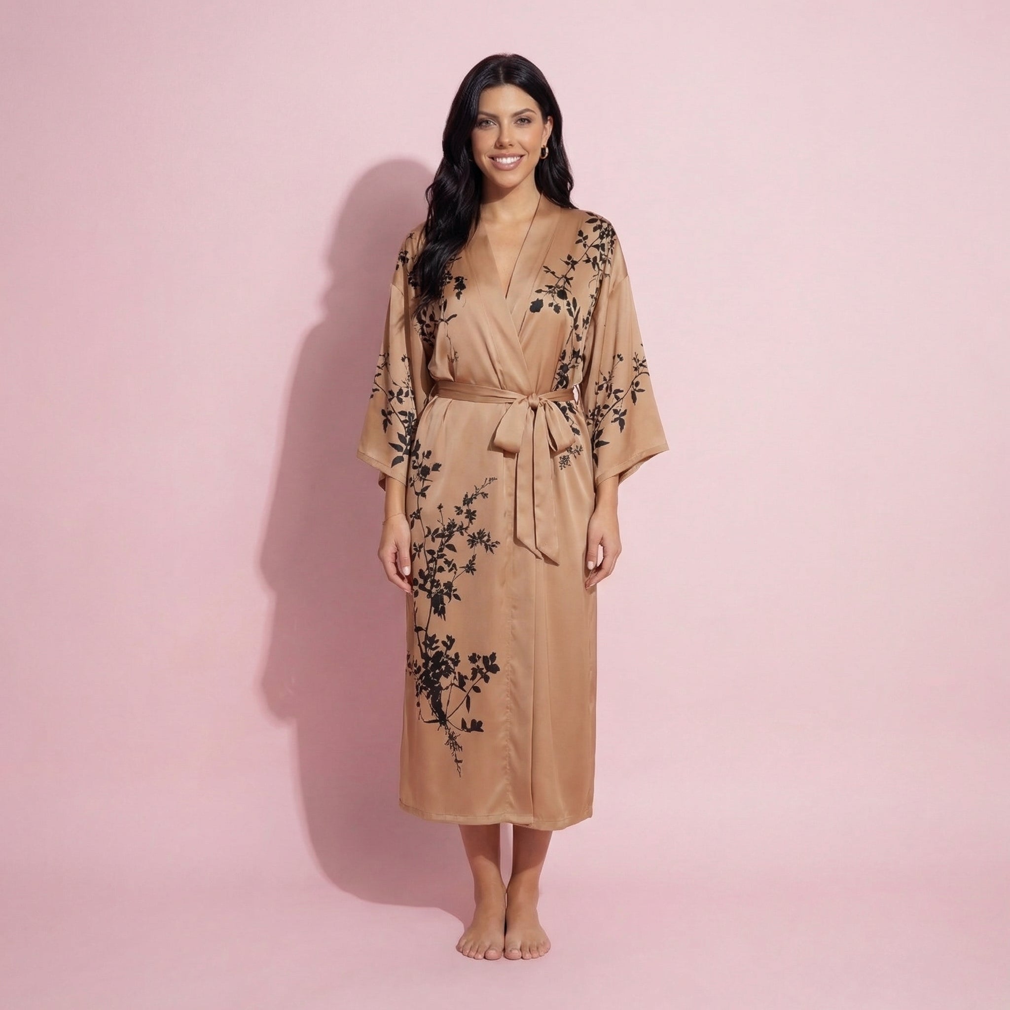 Anna-Kaci Women's Long Satin Kimono Robe with Tie Waist and Artistic Floral Print