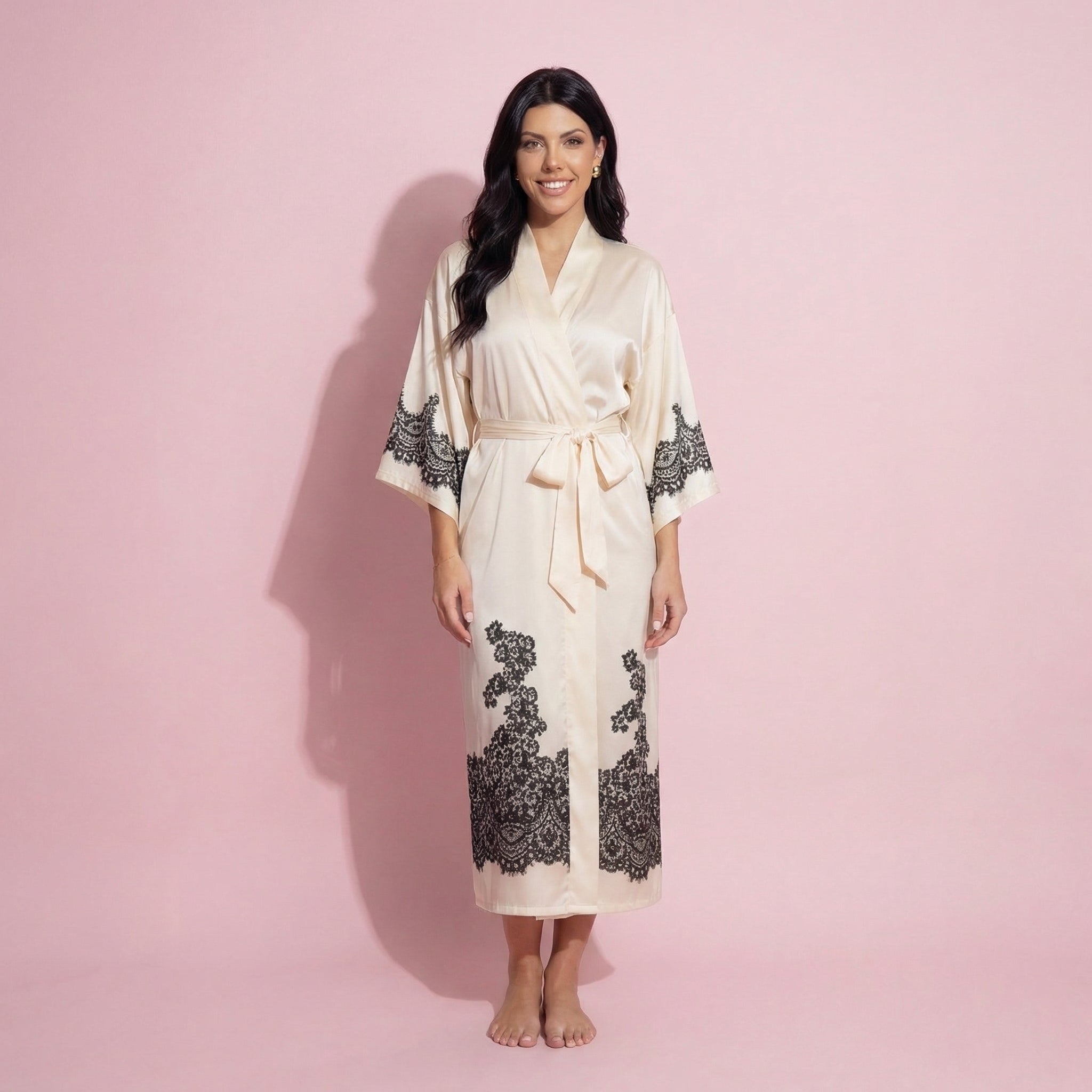 Anna-Kaci Women's Long Satin Kimono Robe with Tie Waist and Artistic Floral Print