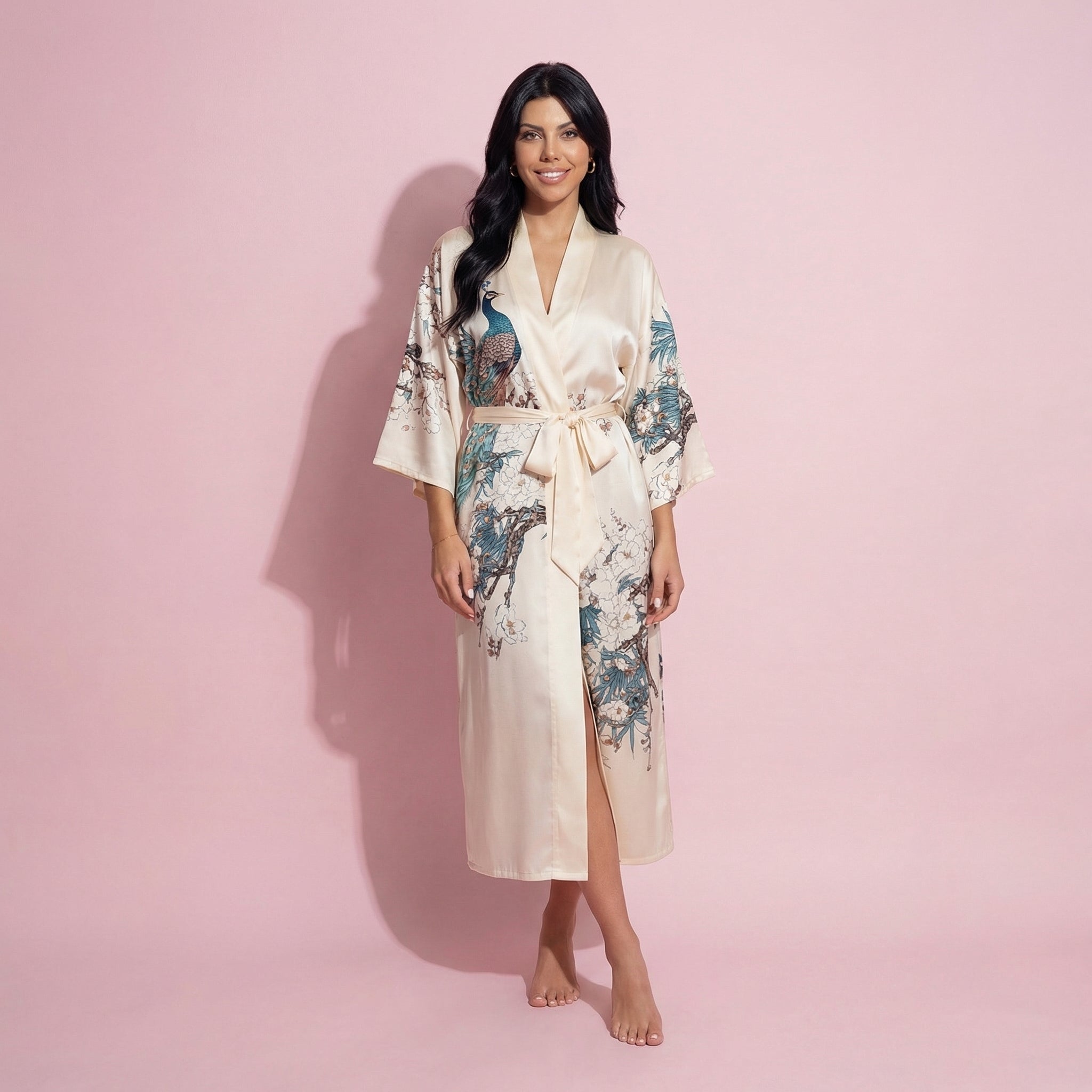 Anna-Kaci Women's Long Satin Kimono Robe with Tie Waist and Artistic Floral Print
