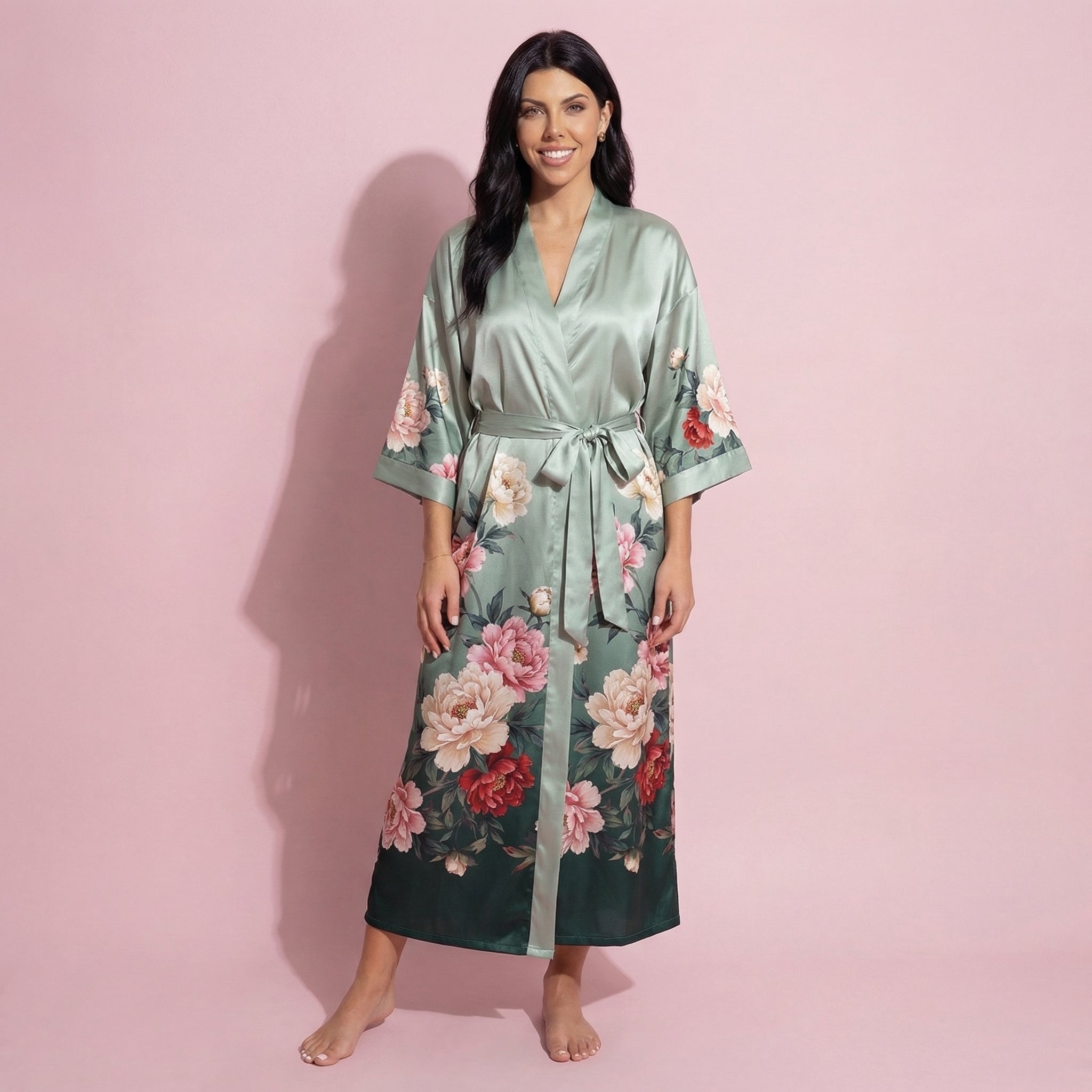 Anna-Kaci Women's Long Satin Kimono Robe with Tie Waist and Artistic Floral Print