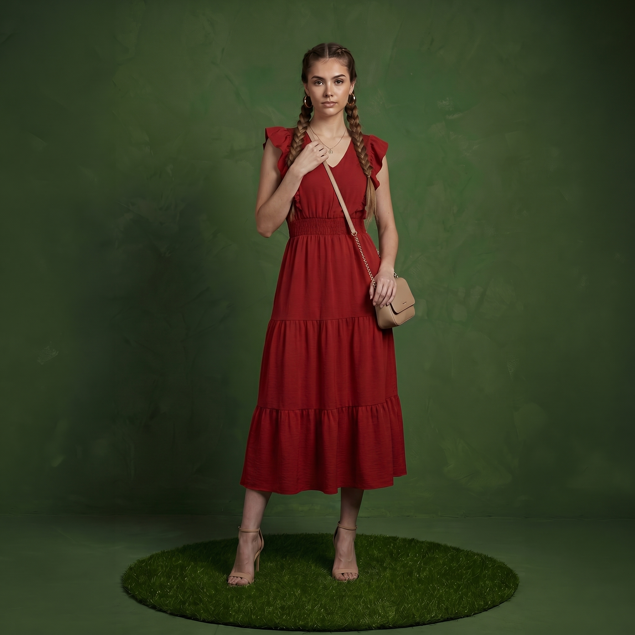 Anna-Kaci Women's Tiered Midi Dress with Ruffle Sleeves and Smocked Waist