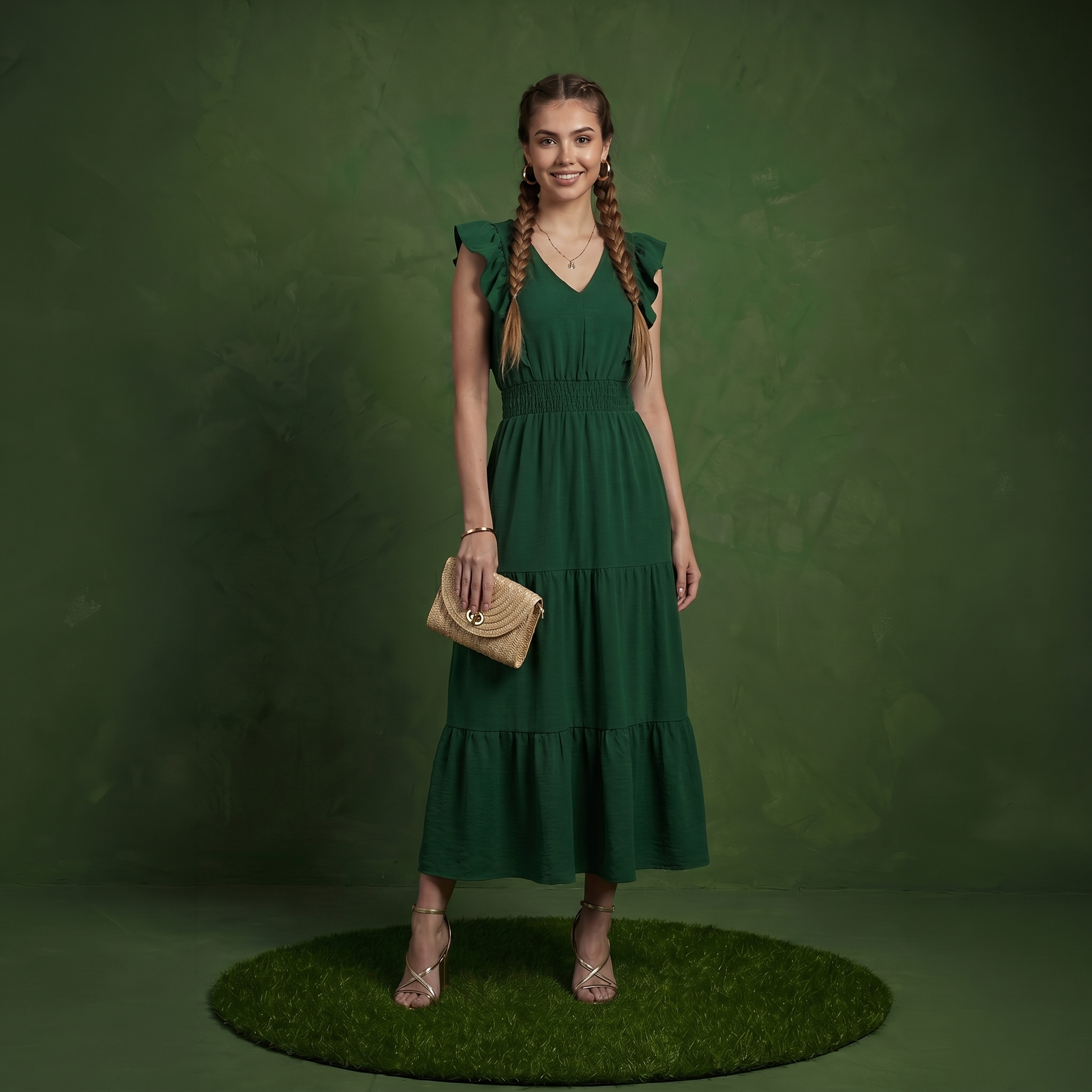 Anna-Kaci Women's Tiered Midi Dress with Ruffle Sleeves and Smocked Waist
