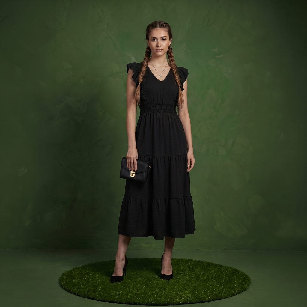 Anna-Kaci Women's Tiered Midi Dress with Ruffle Sleeves and Smocked Waist