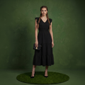 Anna-Kaci Women's Tiered Midi Dress with Ruffle Sleeves and Smocked Waist