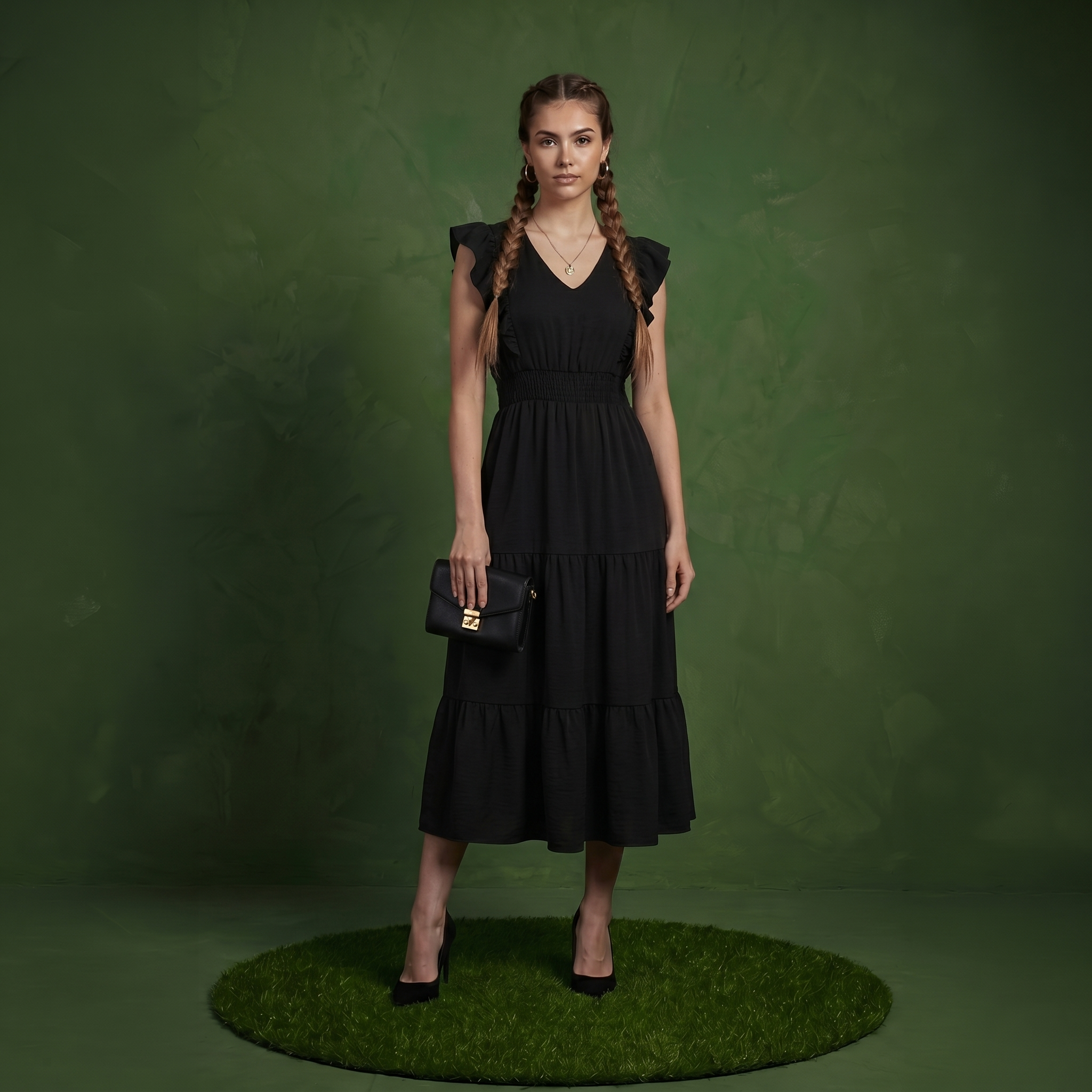 Anna-Kaci Women's Tiered Midi Dress with Ruffle Sleeves and Smocked Waist