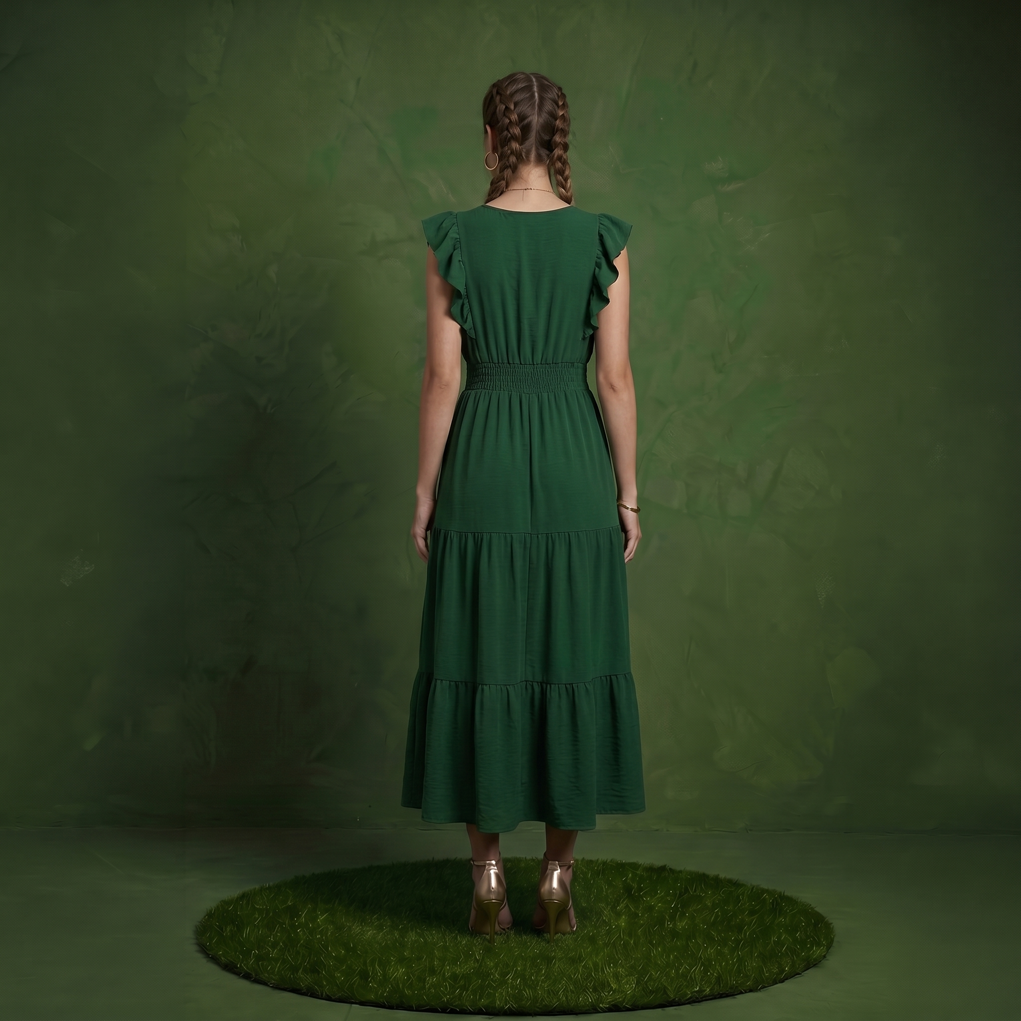 Anna-Kaci Women's Tiered Midi Dress with Ruffle Sleeves and Smocked Waist