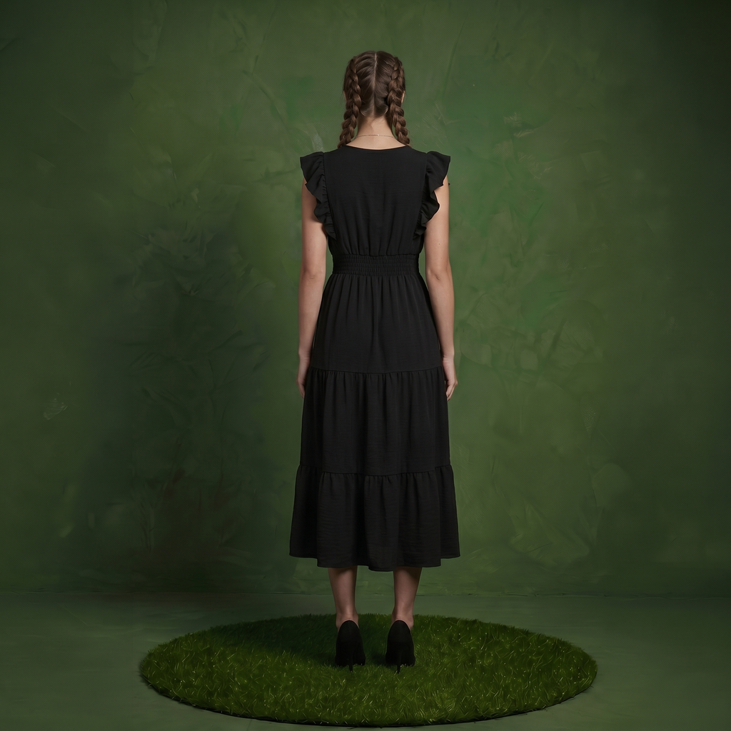 Anna-Kaci Women's Tiered Midi Dress with Ruffle Sleeves and Smocked Waist