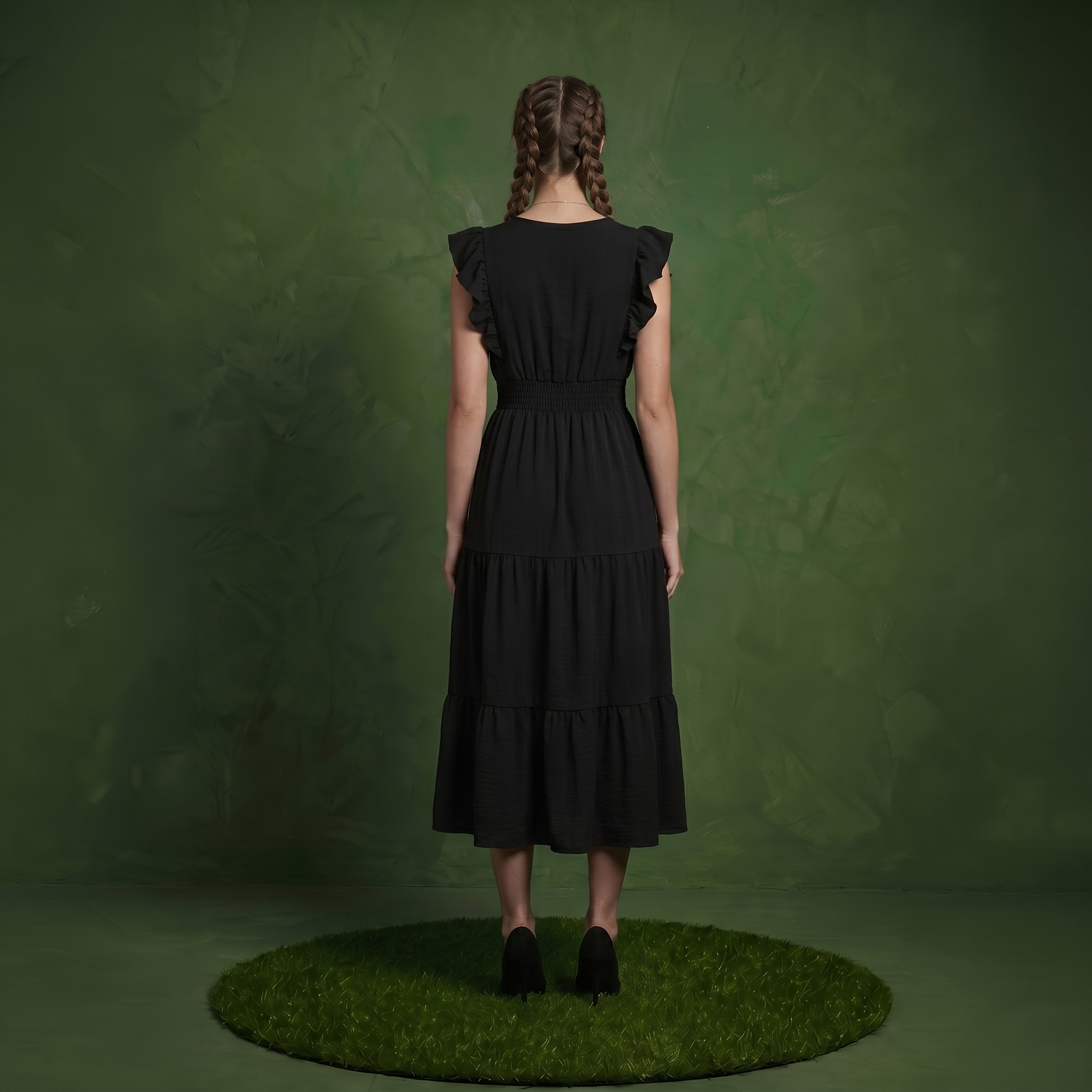 Anna-Kaci Women's Tiered Midi Dress with Ruffle Sleeves and Smocked Waist