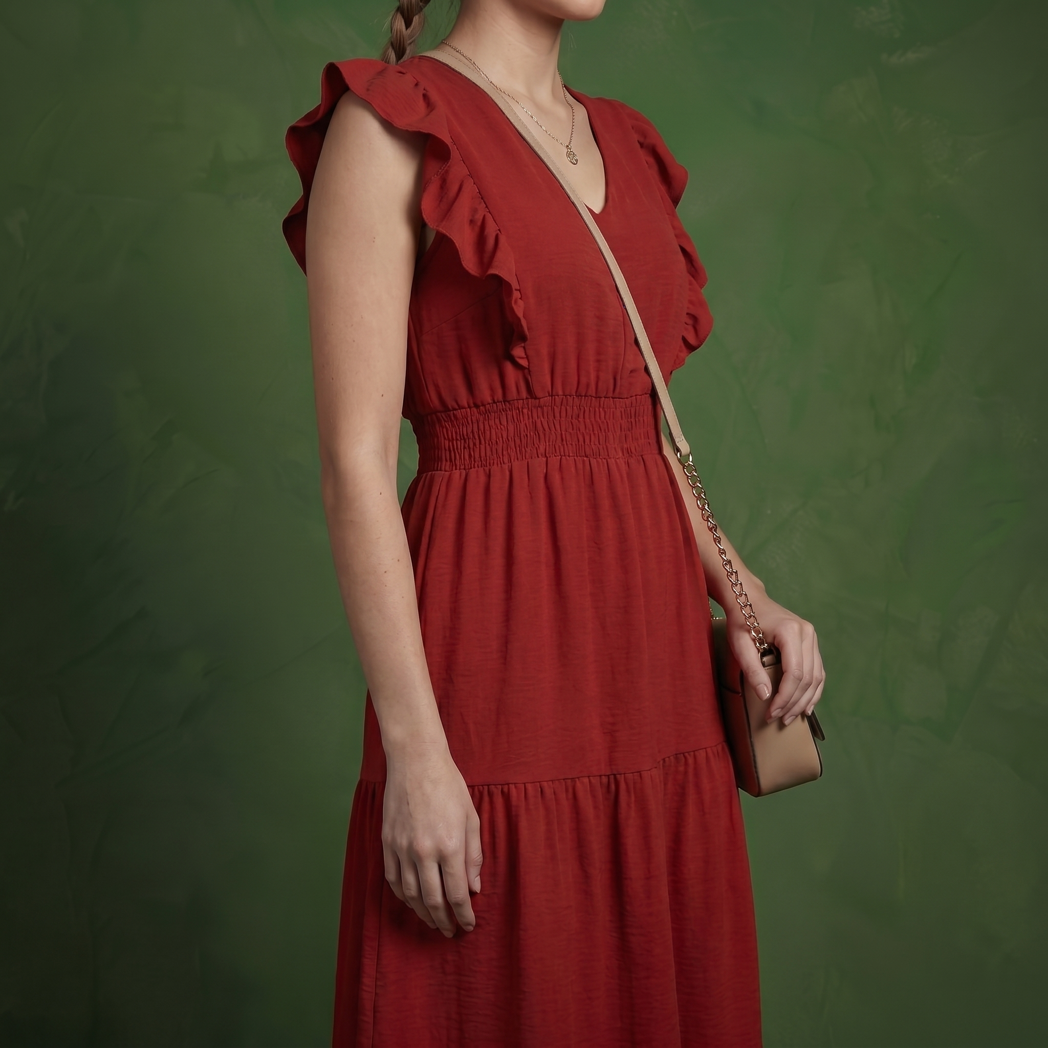 Anna-Kaci Women's Tiered Midi Dress with Ruffle Sleeves and Smocked Waist