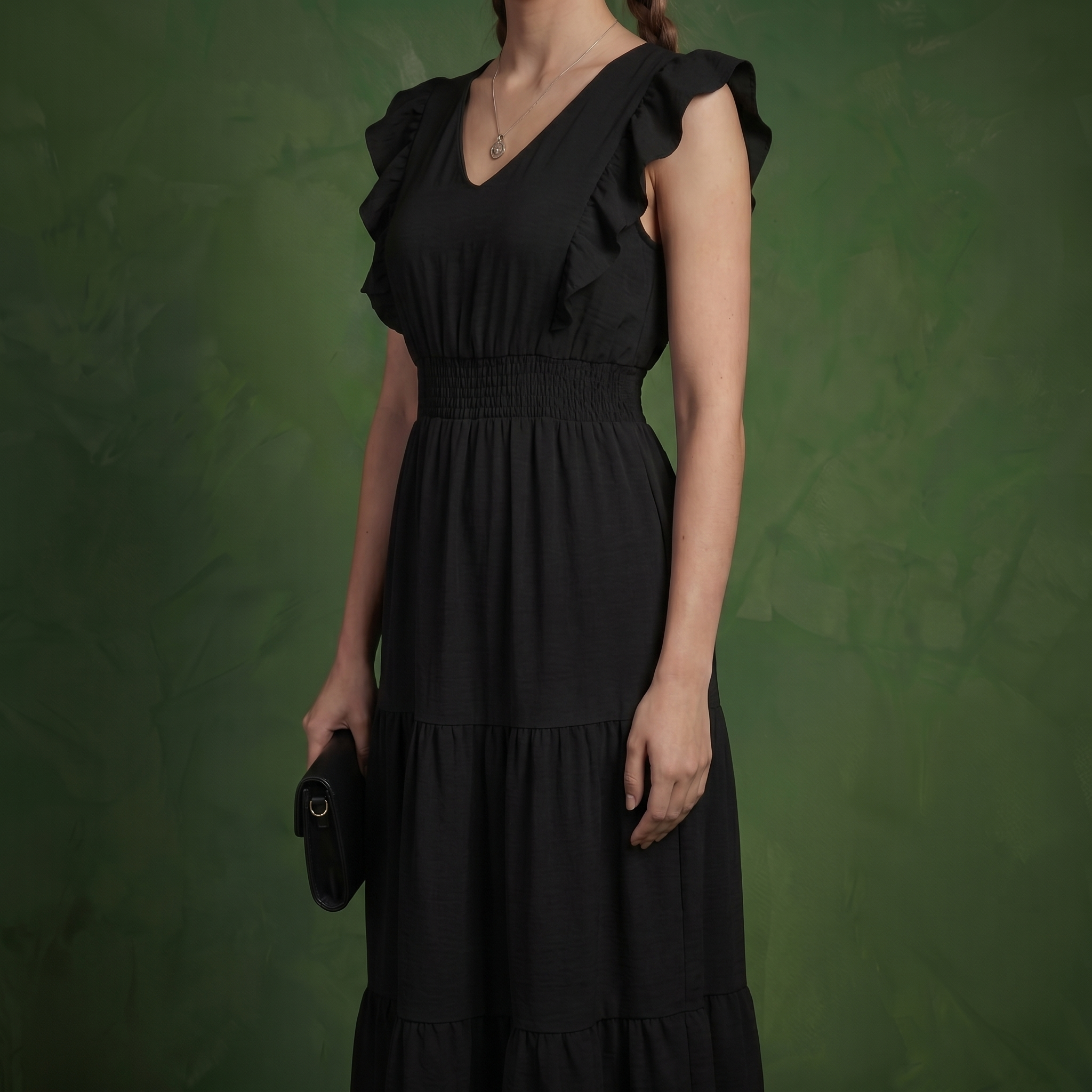 Anna-Kaci Women's Tiered Midi Dress with Ruffle Sleeves and Smocked Waist
