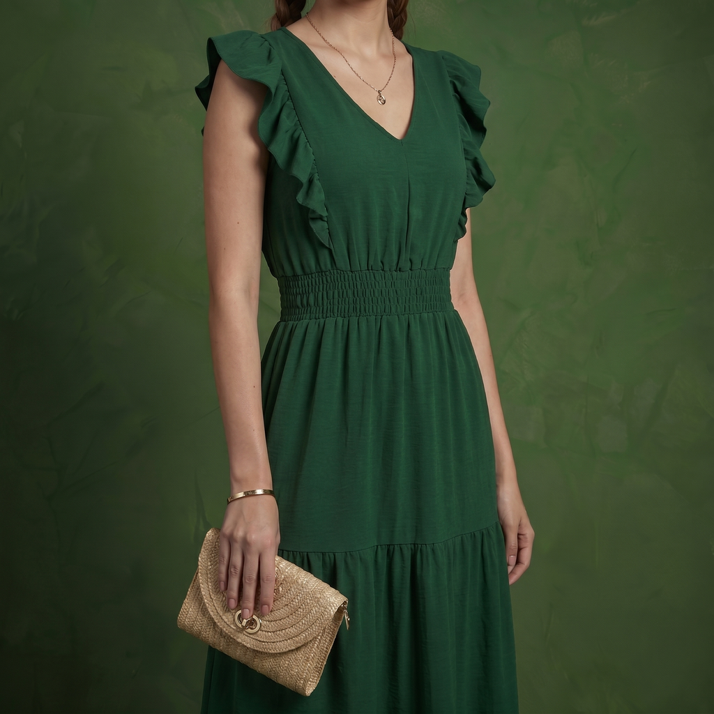 Anna-Kaci Women's Tiered Midi Dress with Ruffle Sleeves and Smocked Waist
