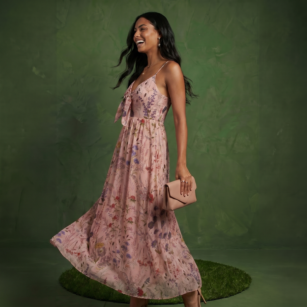 Anna-Kaci Women's Floral Print Tie Front Maxi Dress with Spaghetti Straps and Flowy Skirt
