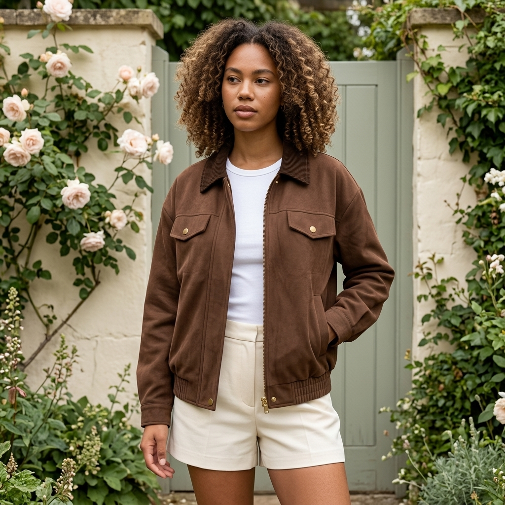 Utility Jacket Zip Front Contrast Collar Chest Pockets Relaxed Fit