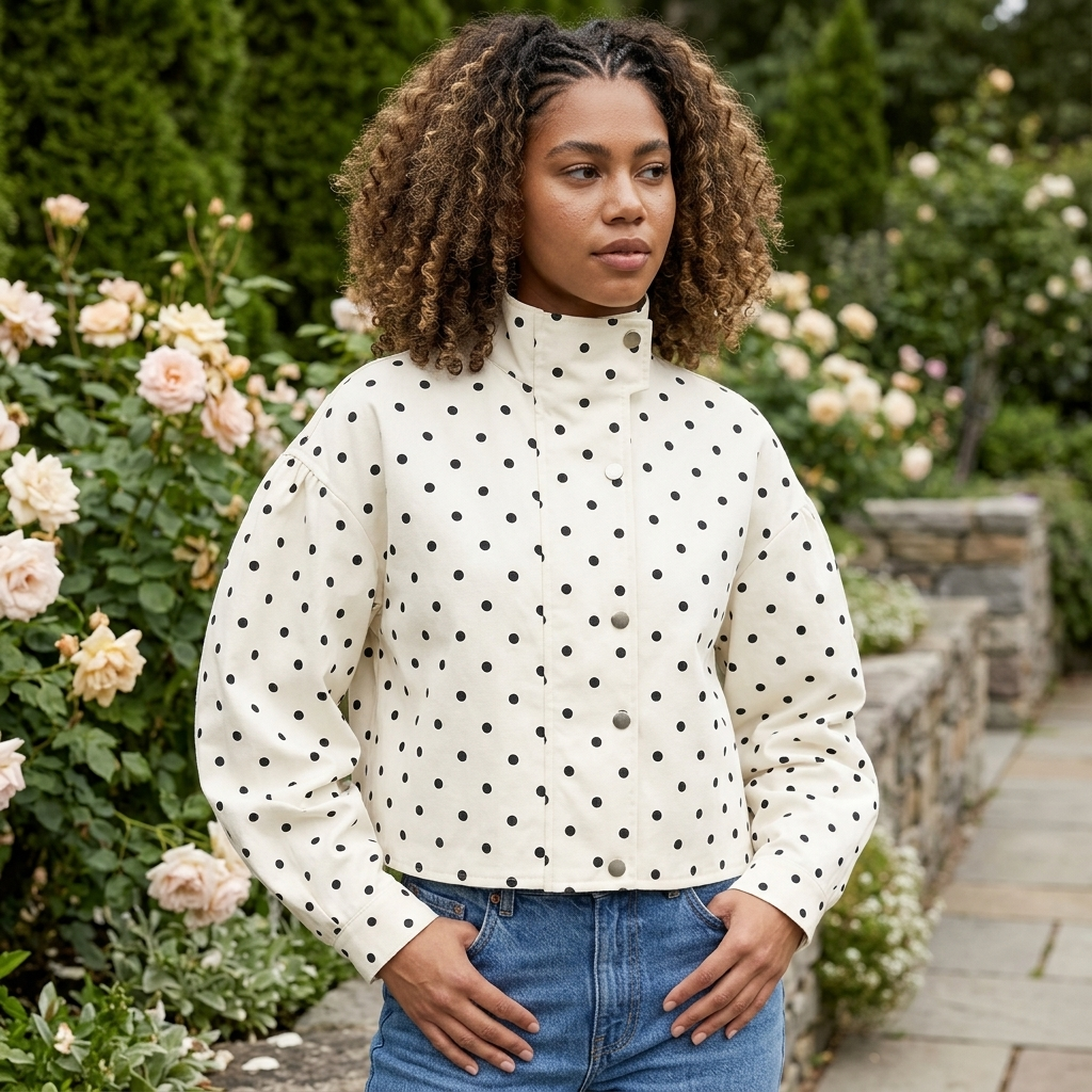 Polka Dot Stand Collar Cropped Jacket Snap Front Relaxed Fit Long Sleeve