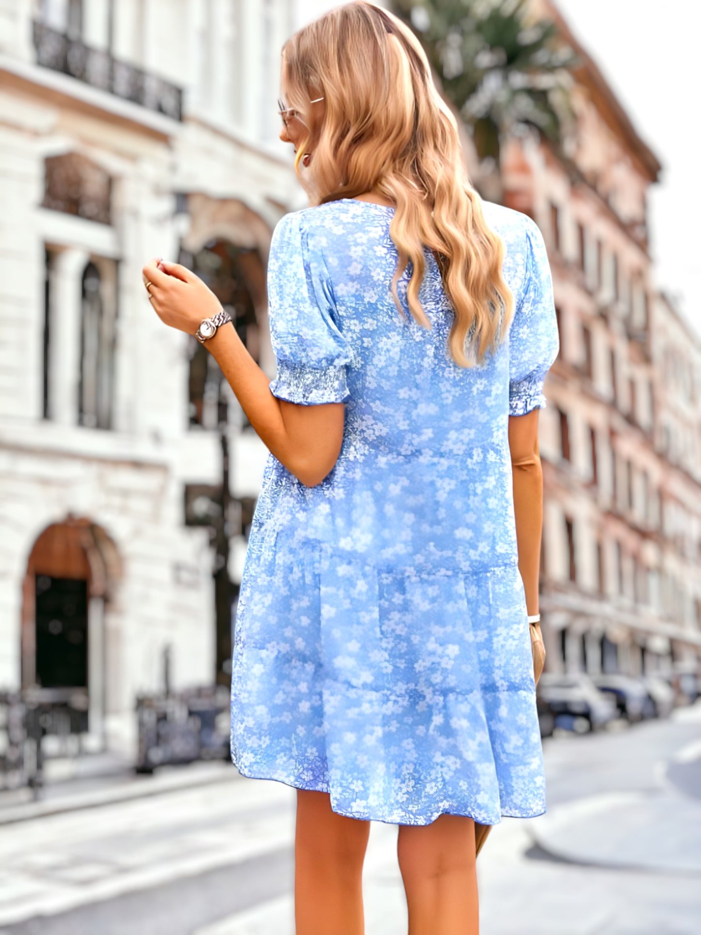 Shirred Round Neck Floral Dress