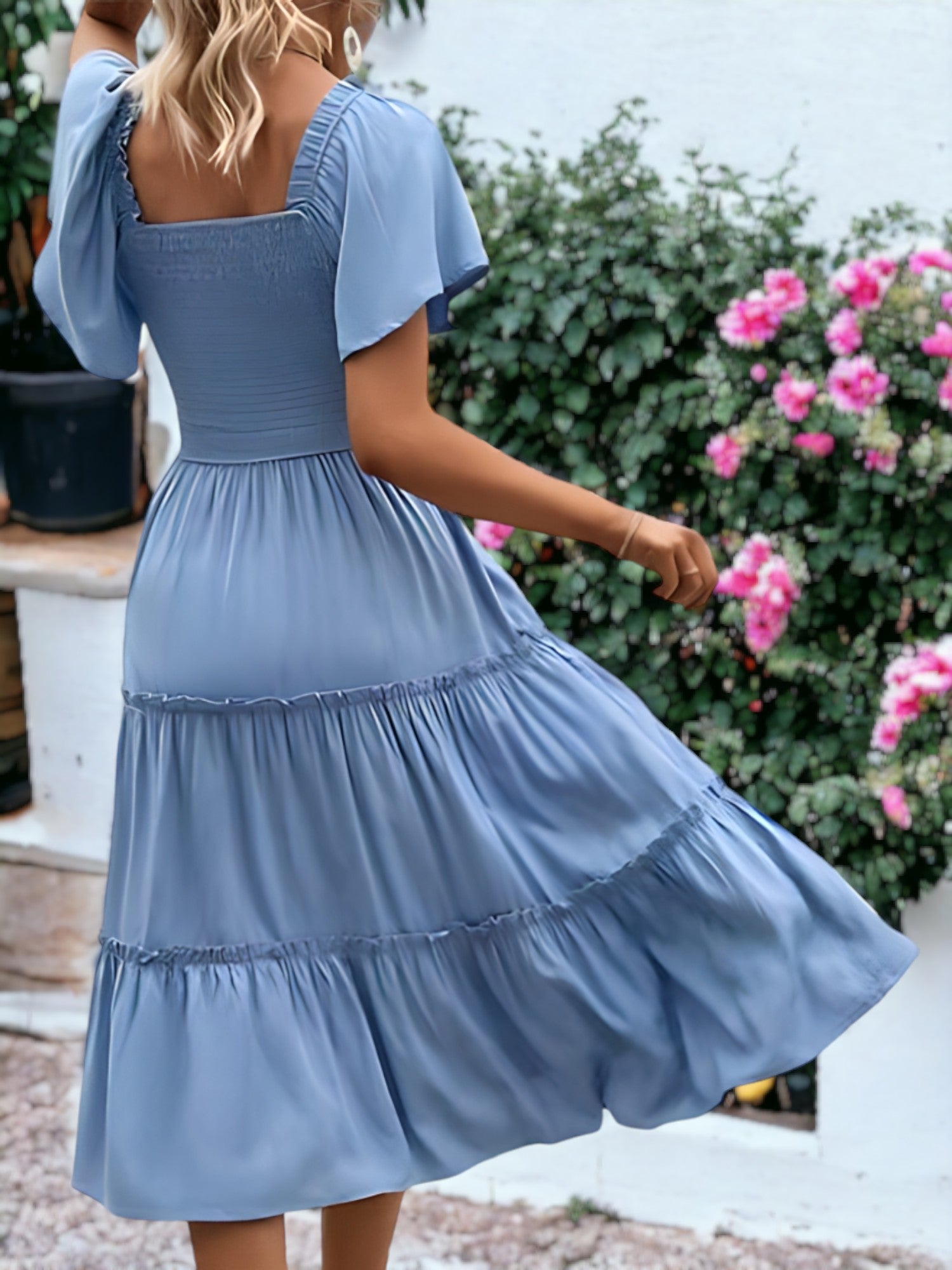 Shirred Square Neck Flutter Sleeve Dress