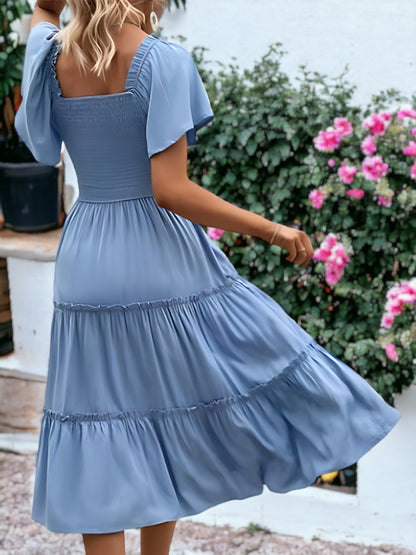 Shirred Square Neck Flutter Sleeve Dress