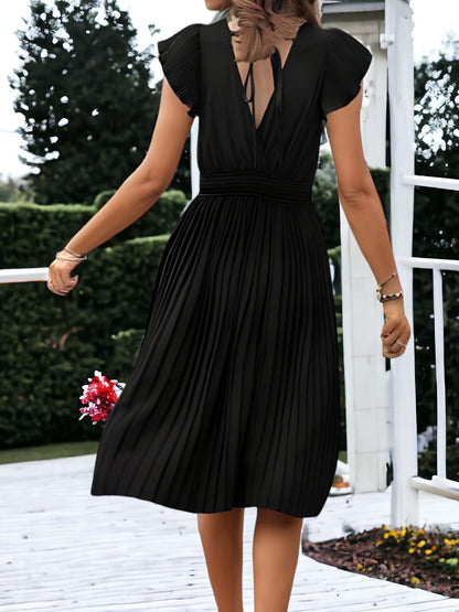 V-Neck And Smock Waisted Pleated Midi Dress With Ruffle Sleeve