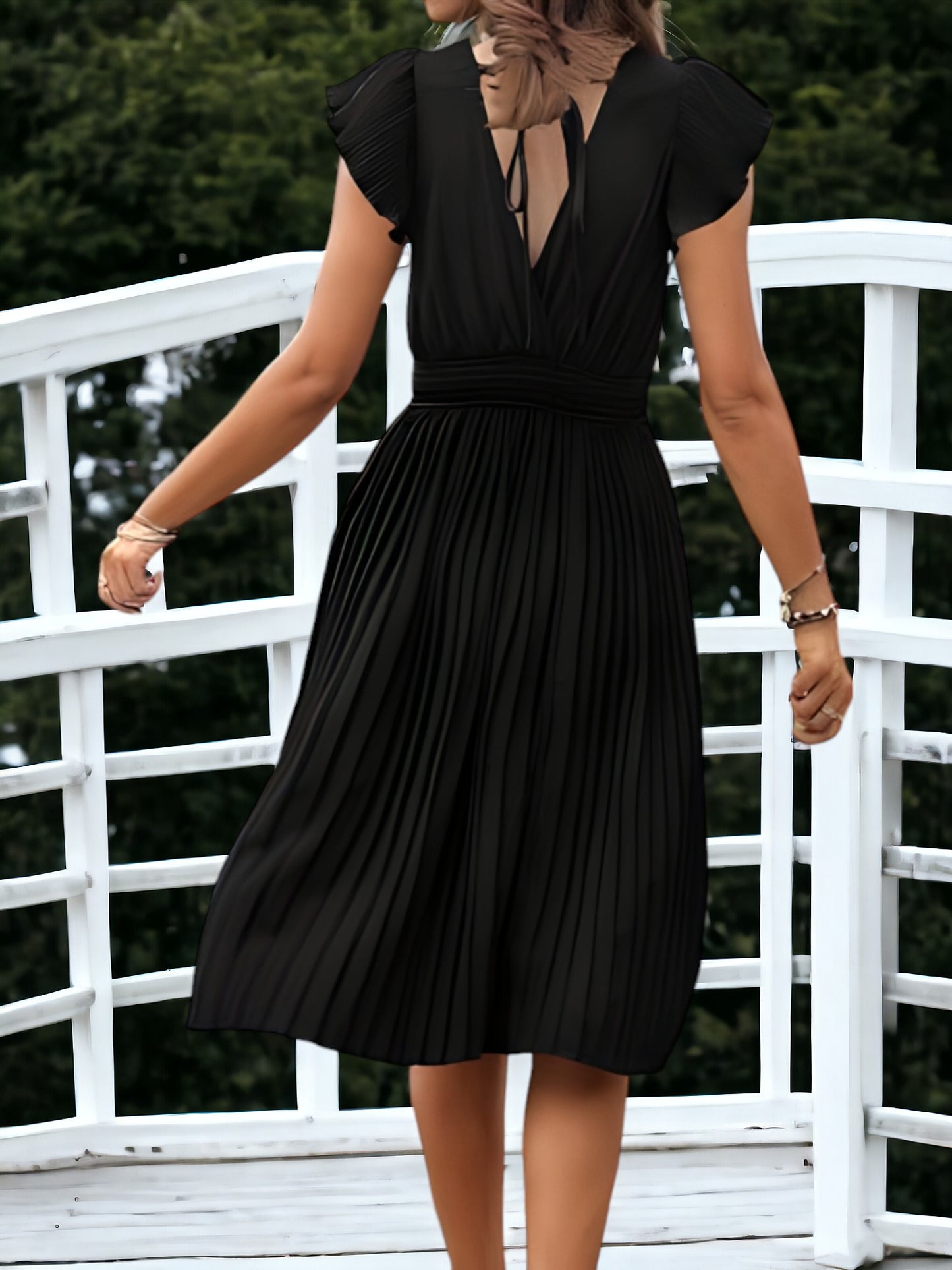 V-Neck And Smock Waisted Pleated Midi Dress