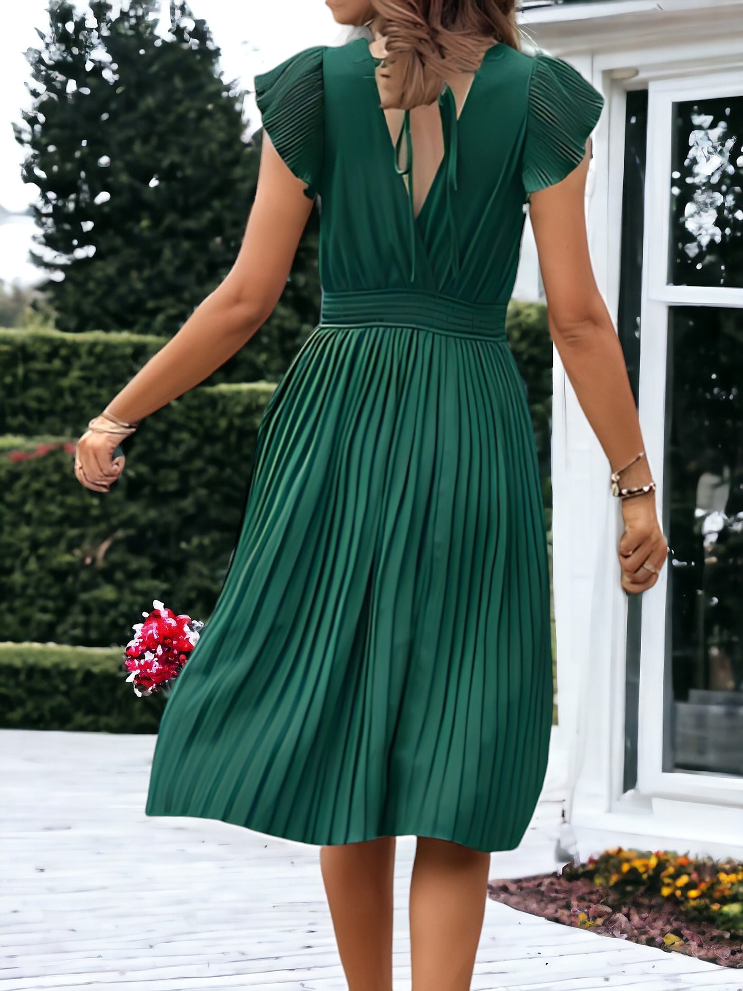 V-Neck And Smock Waisted Pleated Midi Dress With Ruffle Sleeve