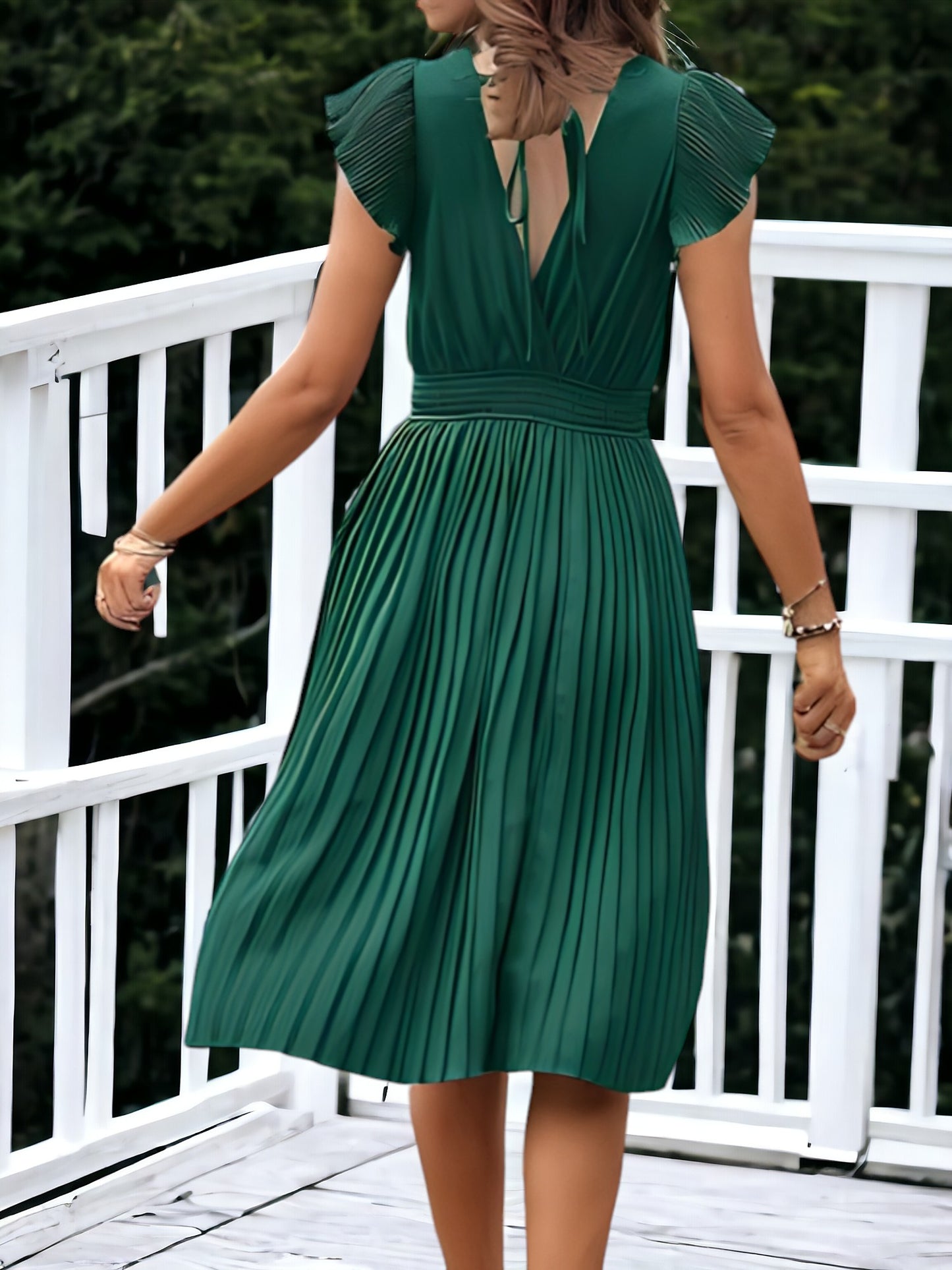 V-Neck And Smock Waisted Pleated Midi Dress
