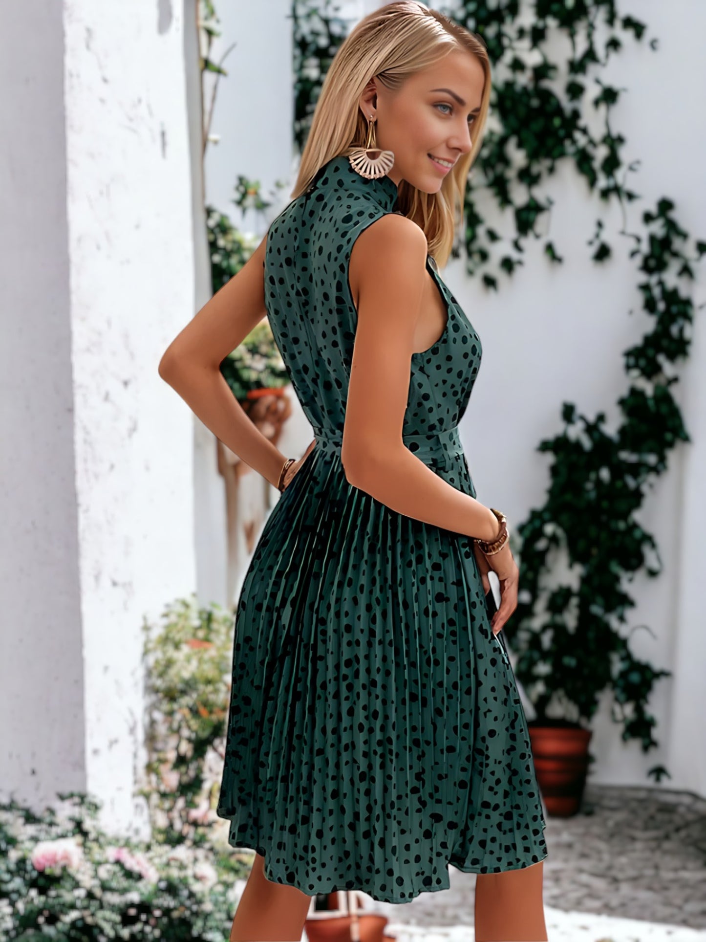 Cheetah Print Tie Waist Pleated Dress