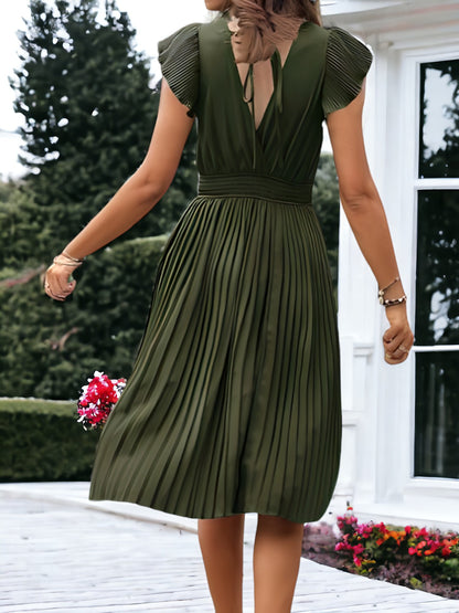 V-Neck And Smock Waisted Pleated Midi Dress With Ruffle Sleeve
