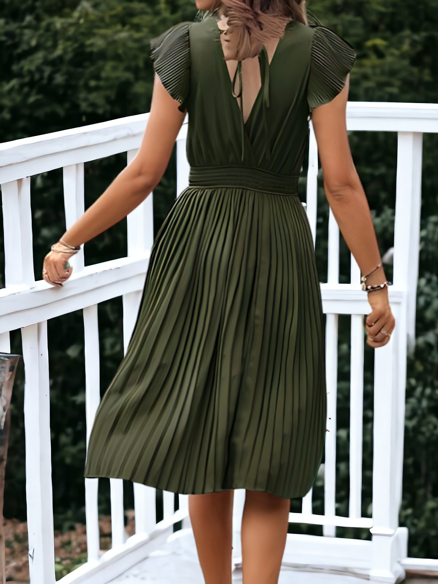 V-Neck And Smock Waisted Pleated Midi Dress