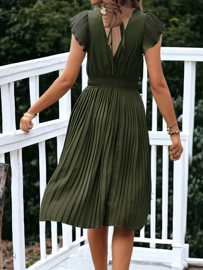 V-Neck And Smock Waisted Pleated Midi Dress