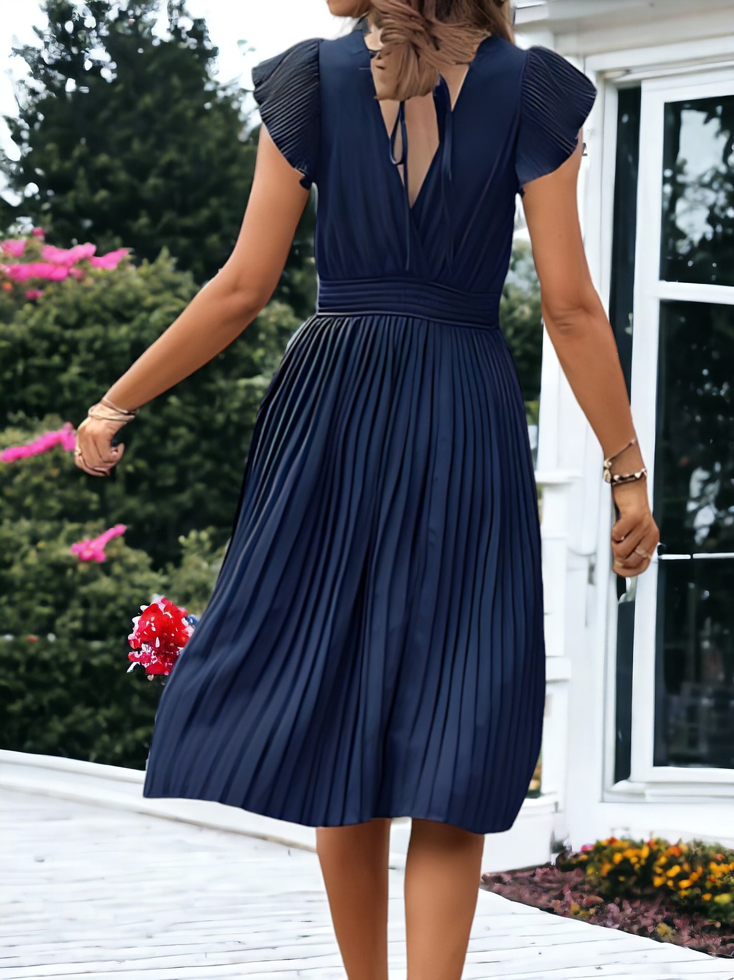 V-Neck And Smock Waisted Pleated Midi Dress With Ruffle Sleeve
