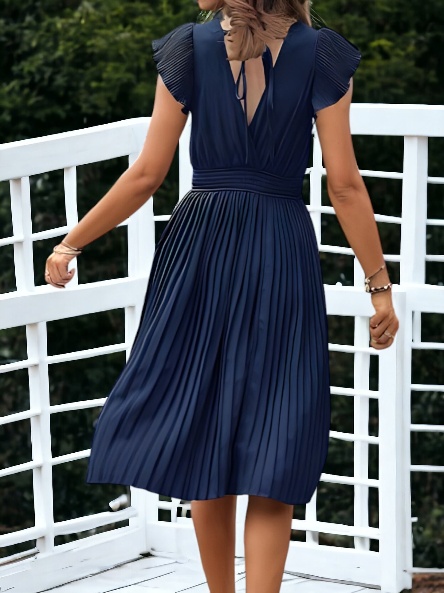 V-Neck And Smock Waisted Pleated Midi Dress