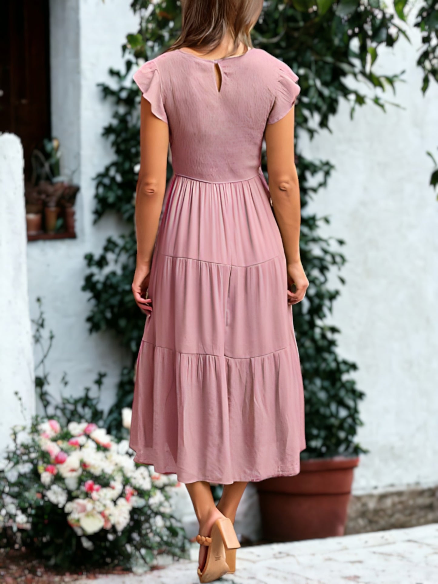 Shirred Ruffle Sleeve Midi Dress
