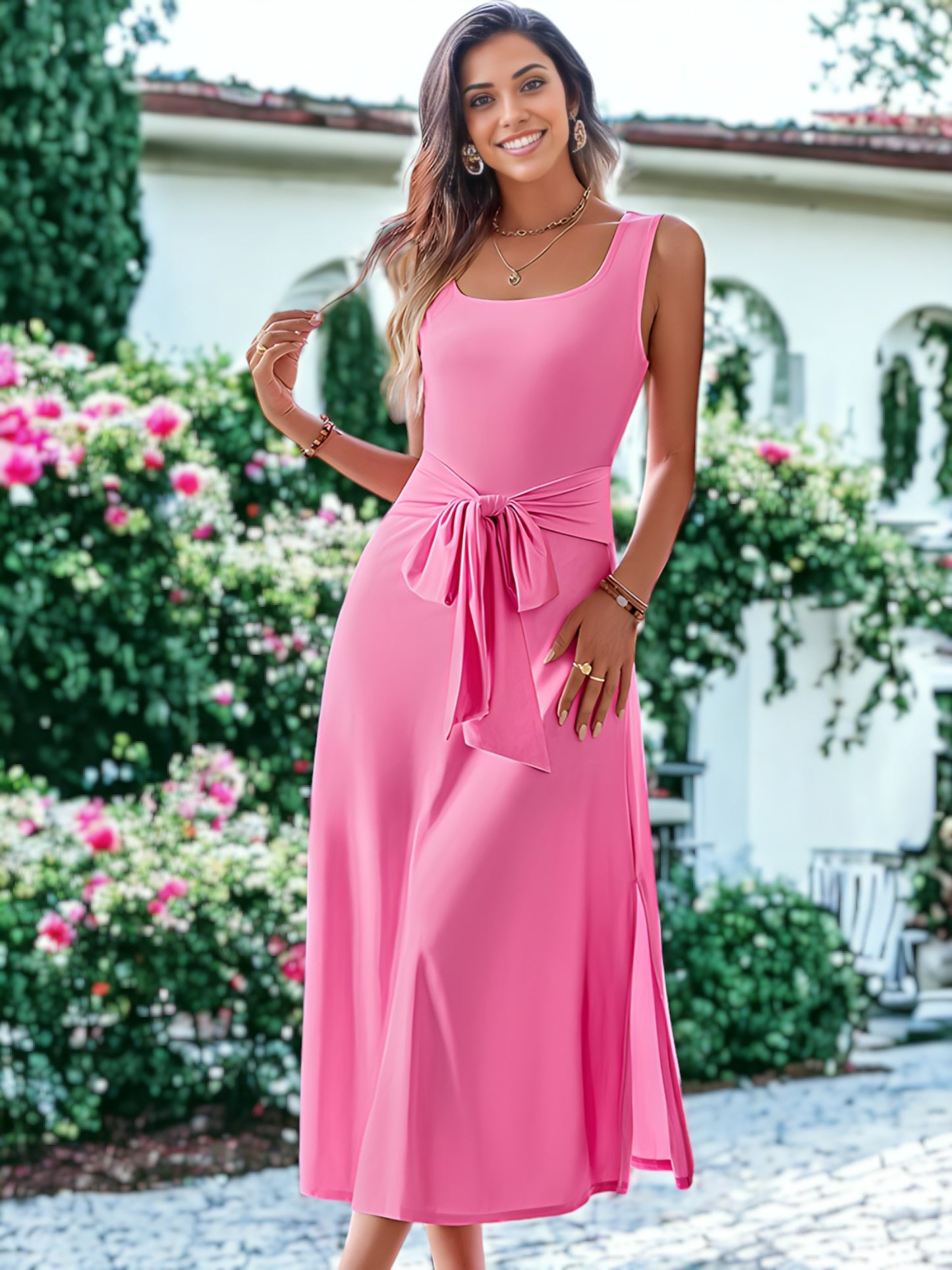Solid Color Square Neck Tie Belted Waist Midi Dress