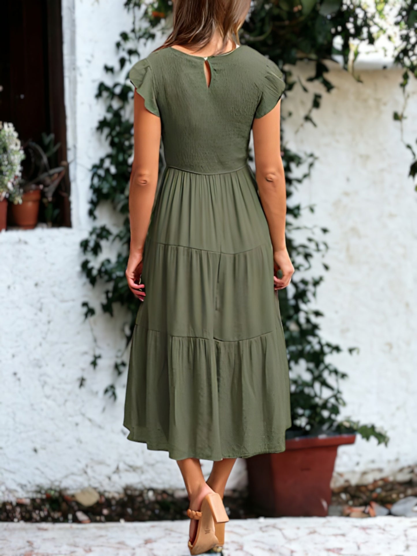 Shirred Ruffle Sleeve Midi Dress