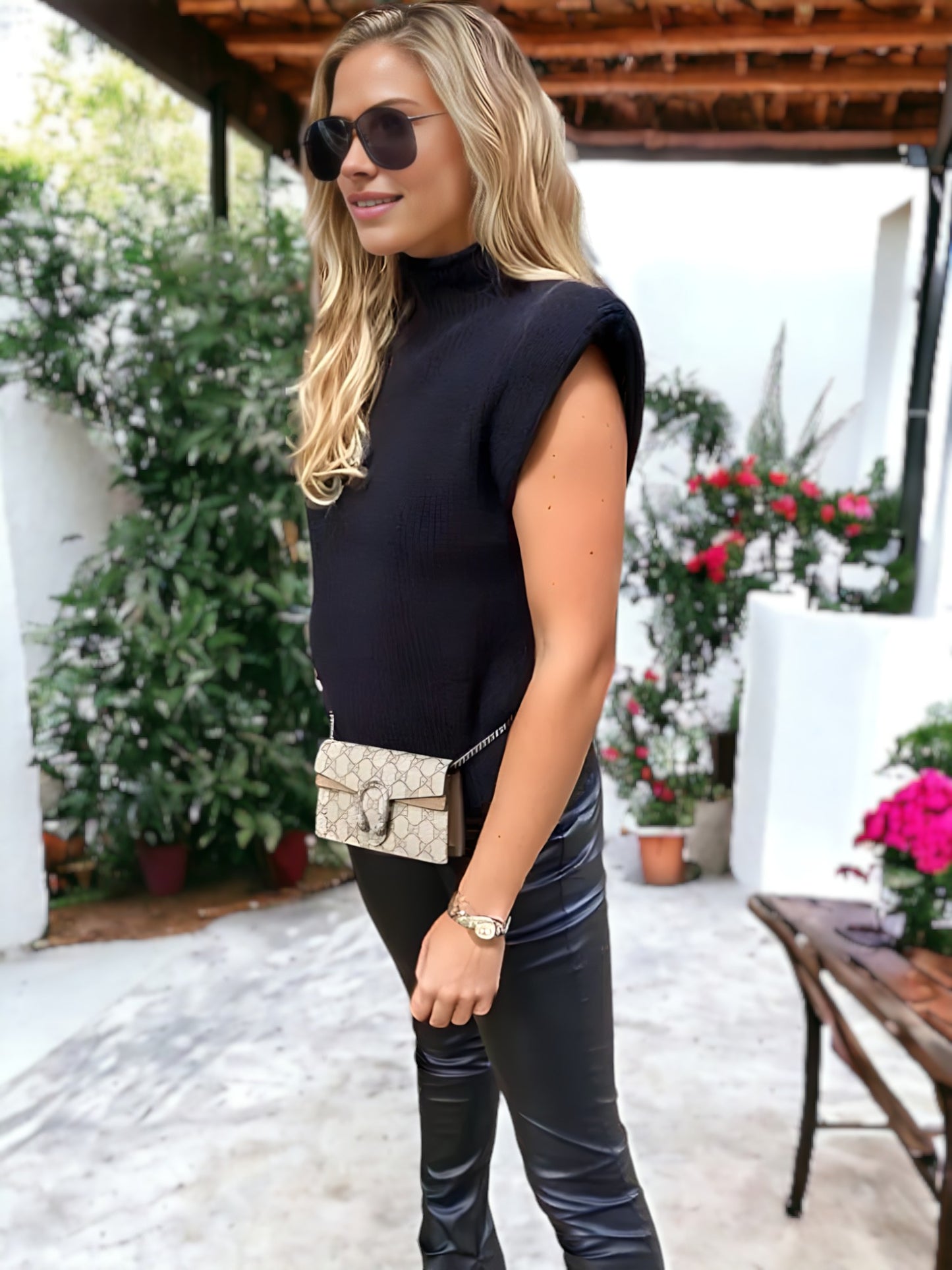 Turtle Neck Padded Shoulder Sleeveless Sweater Top