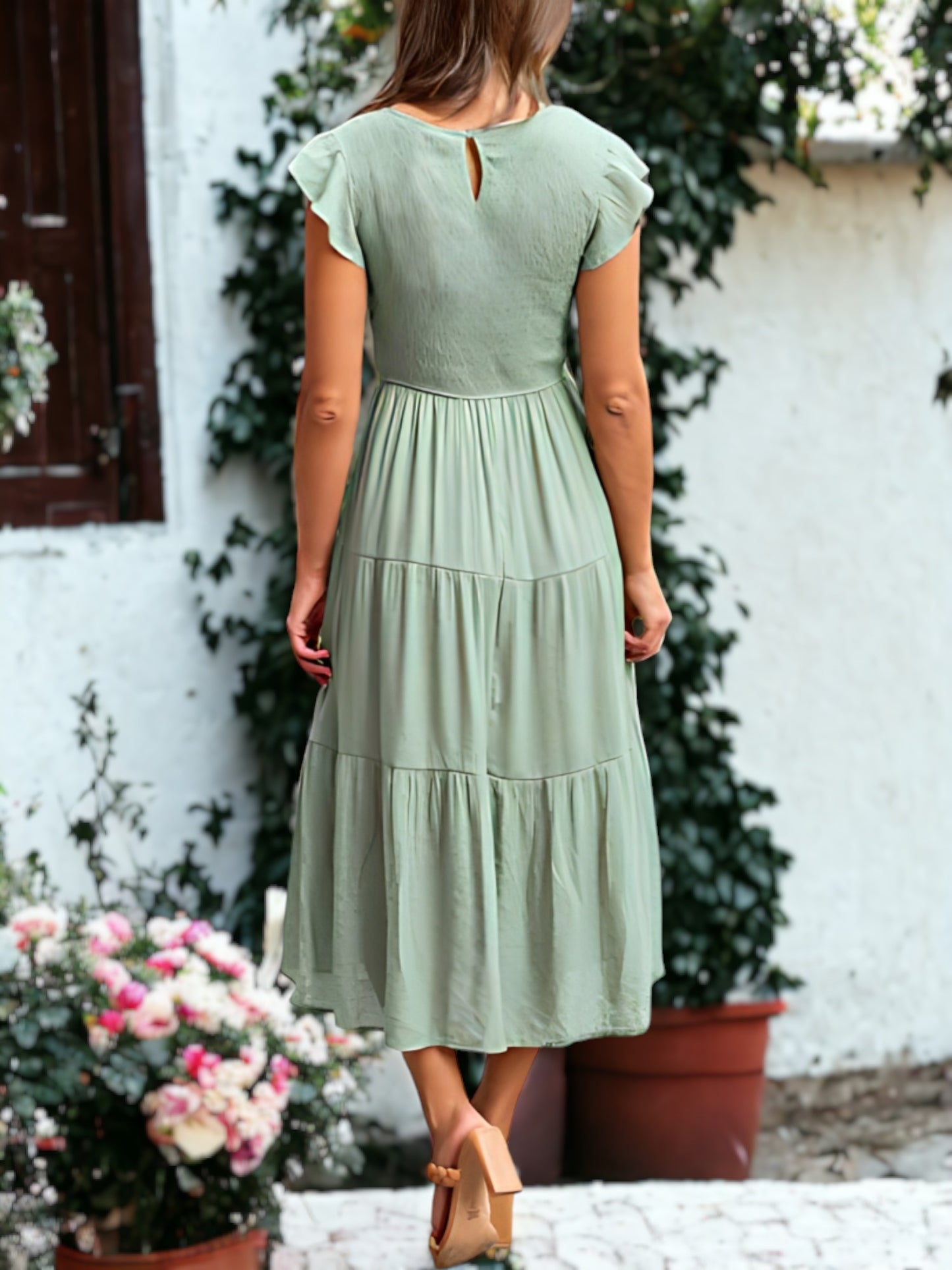 Shirred Ruffle Sleeve Midi Dress