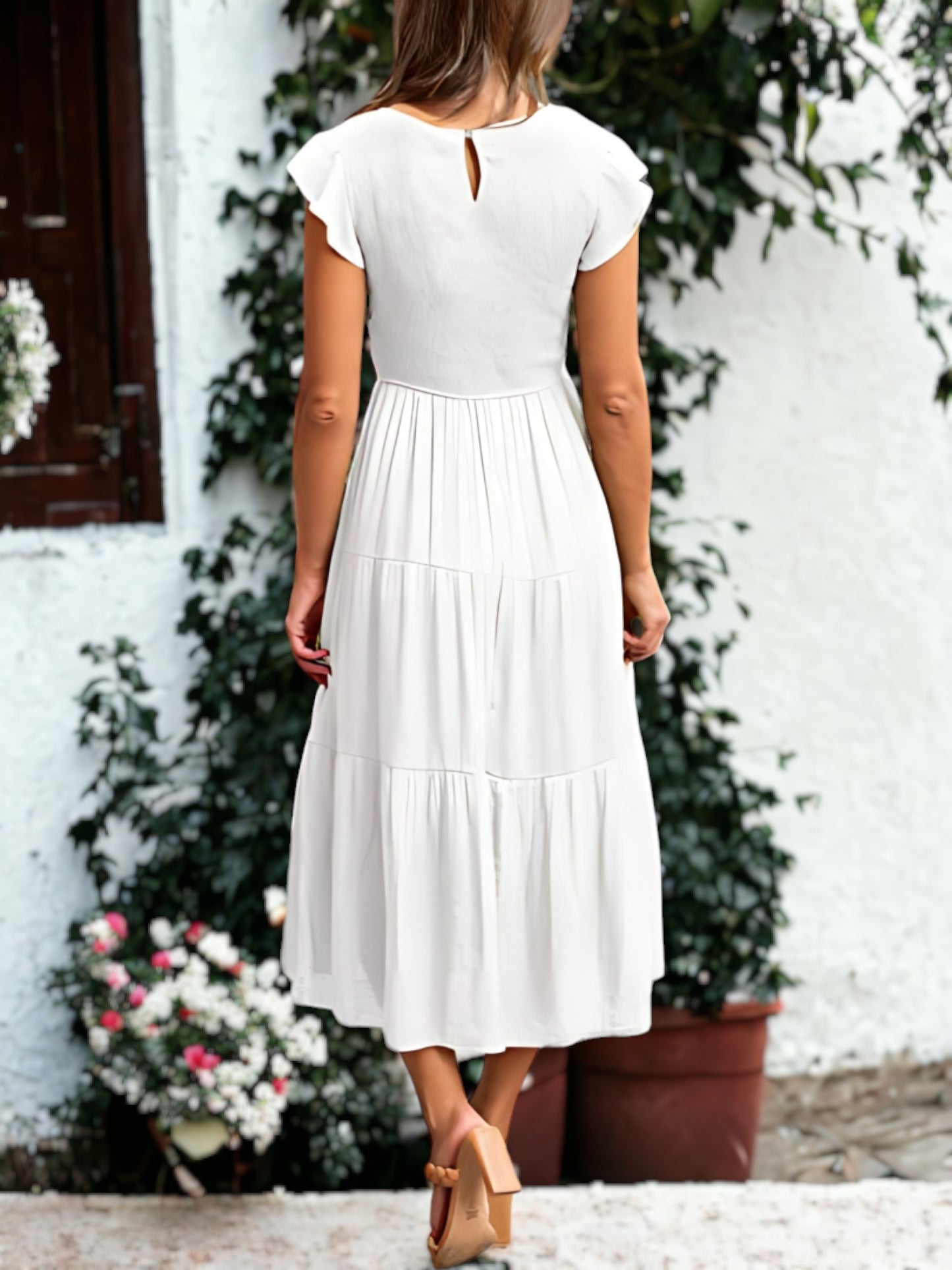 Shirred Ruffle Sleeve Midi Dress