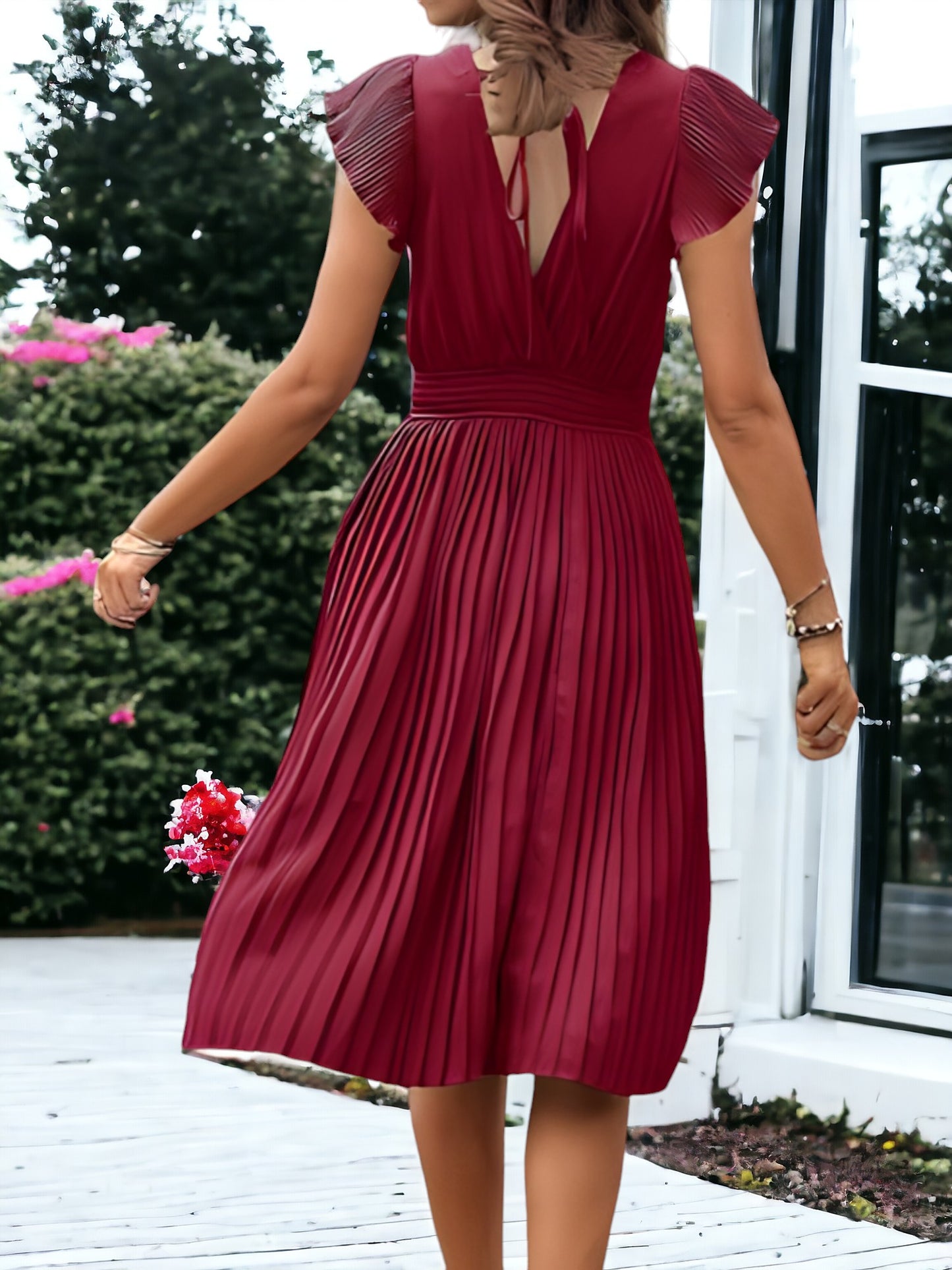 V-Neck And Smock Waisted Pleated Midi Dress With Ruffle Sleeve